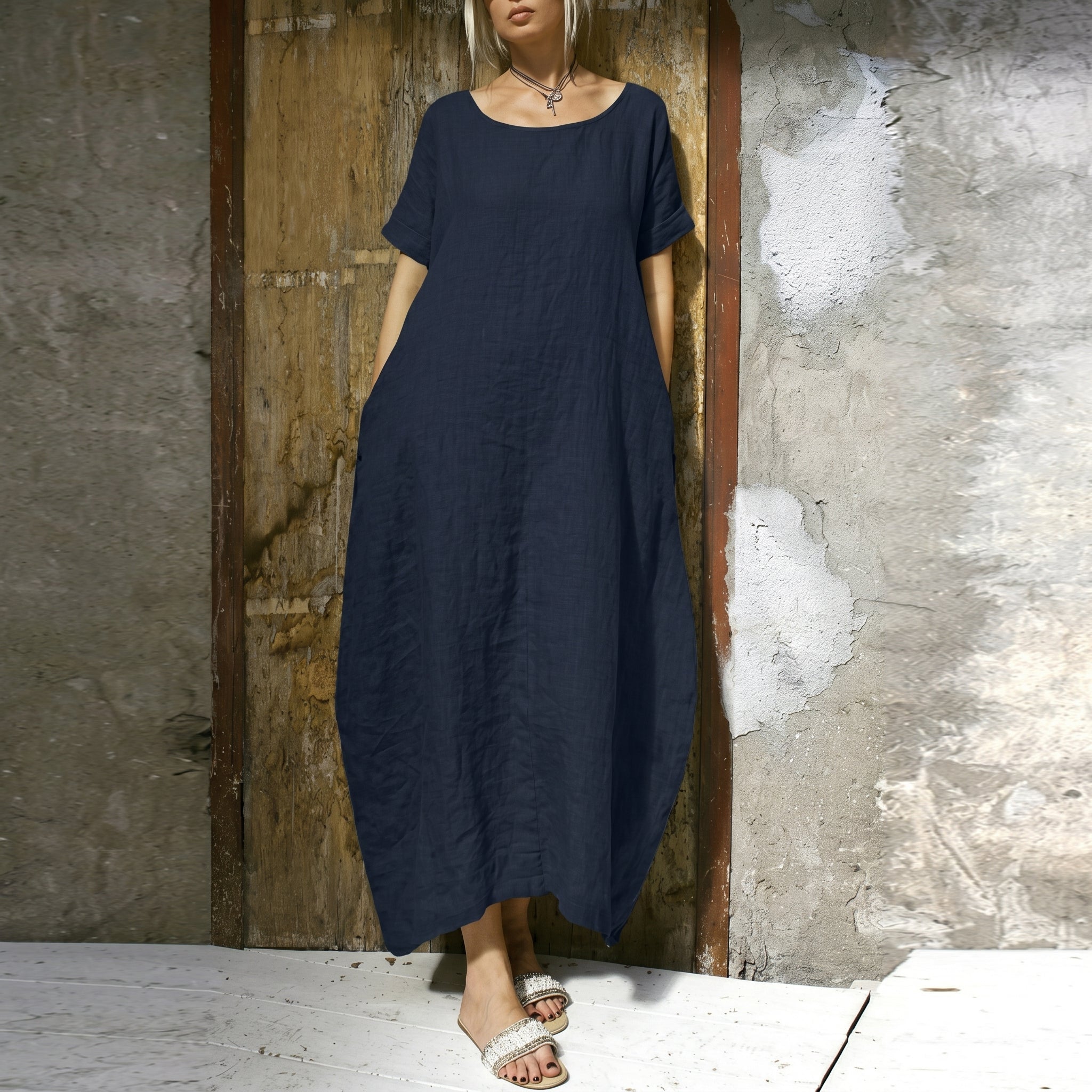 Anika - Women's Summer Relaxed Fit Round Neck Maxi Dress - Dresses - Blue - Taylor & Bennett