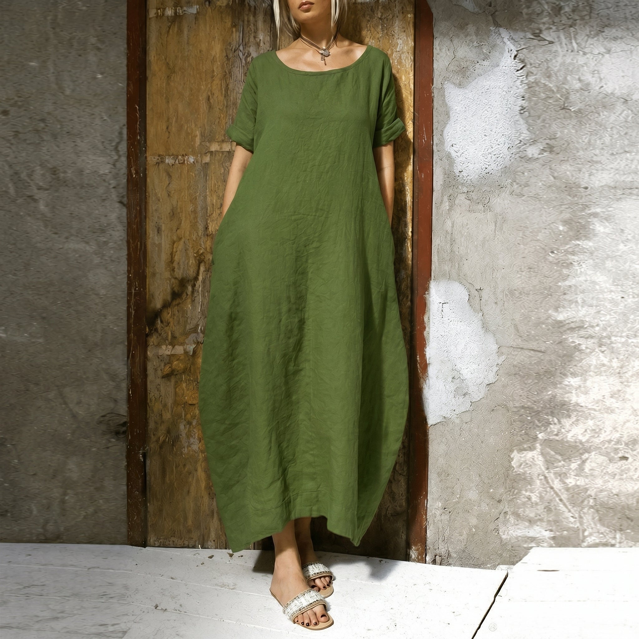 Anika - Women's Summer Relaxed Fit Round Neck Maxi Dress - Dresses - Green - Taylor & Bennett