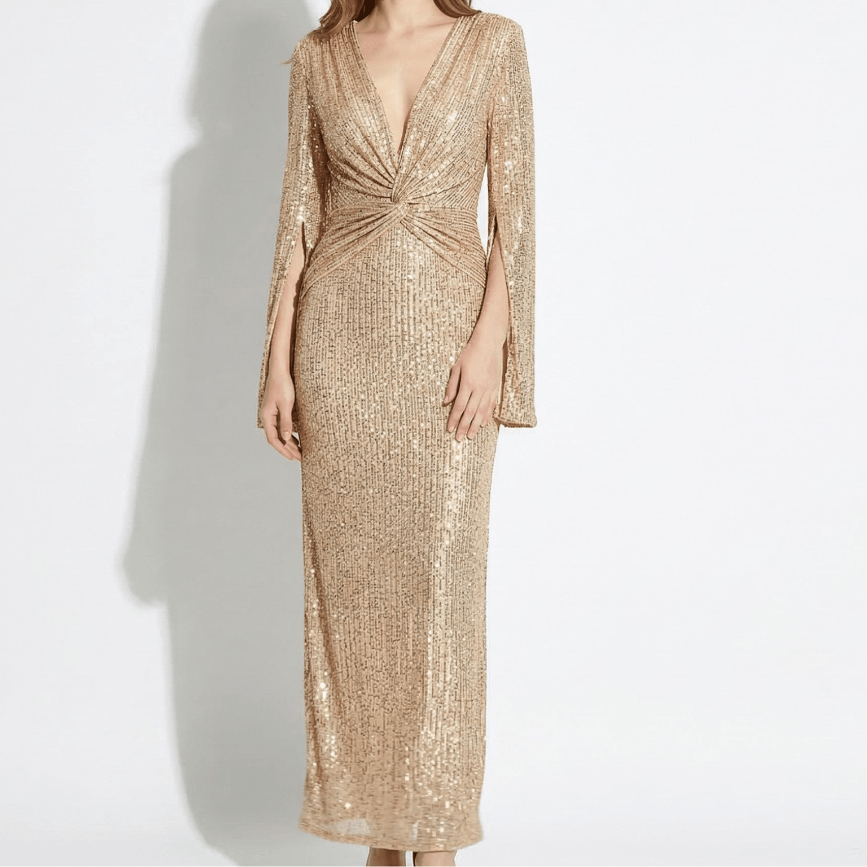 Anne - Women's V - Neck Maxi Dress with Cape Sleeves - Maxi Dresses - Gold - Taylor & Bennett