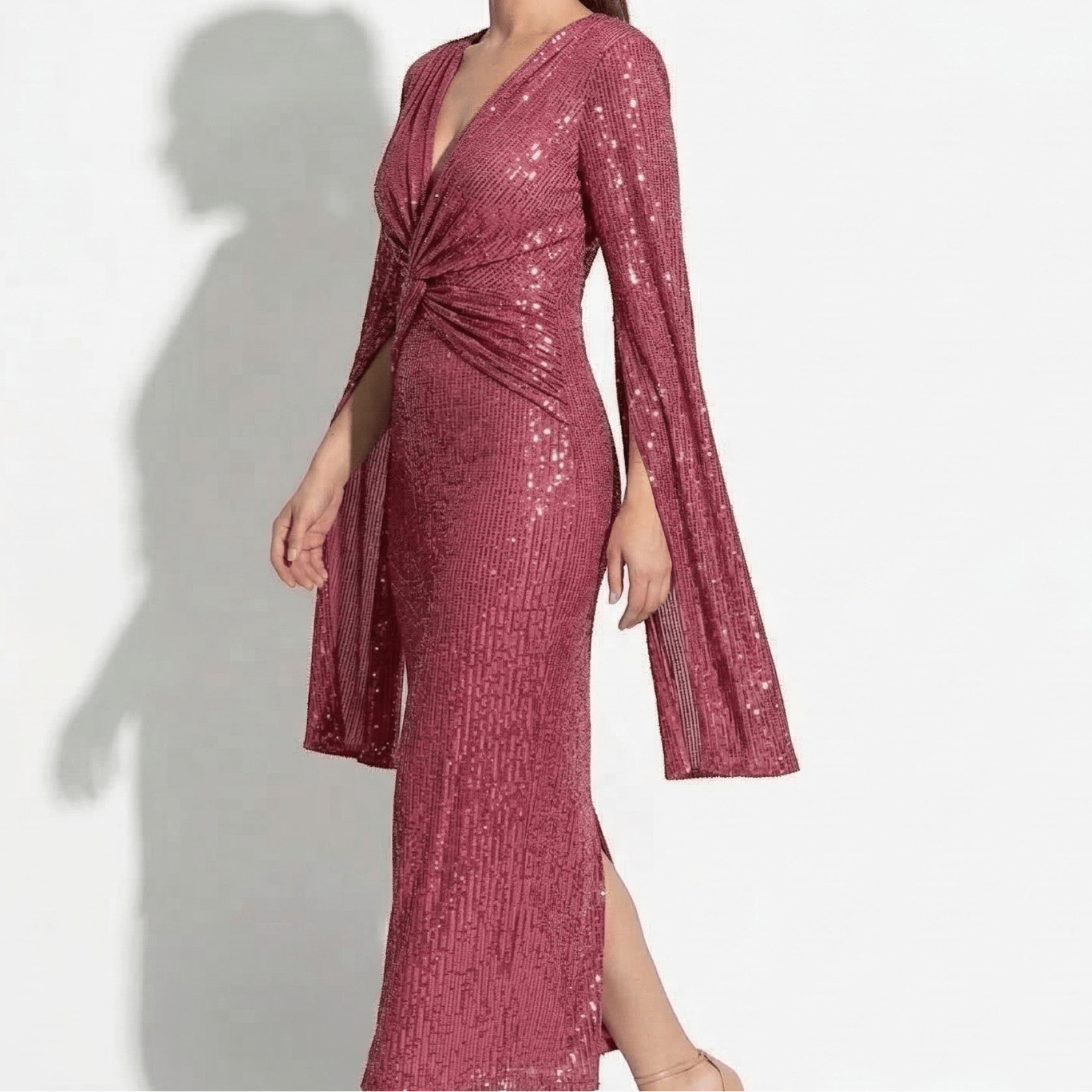 Anne - Women's V - Neck Maxi Dress with Cape Sleeves - Maxi Dresses - Red - Taylor & Bennett