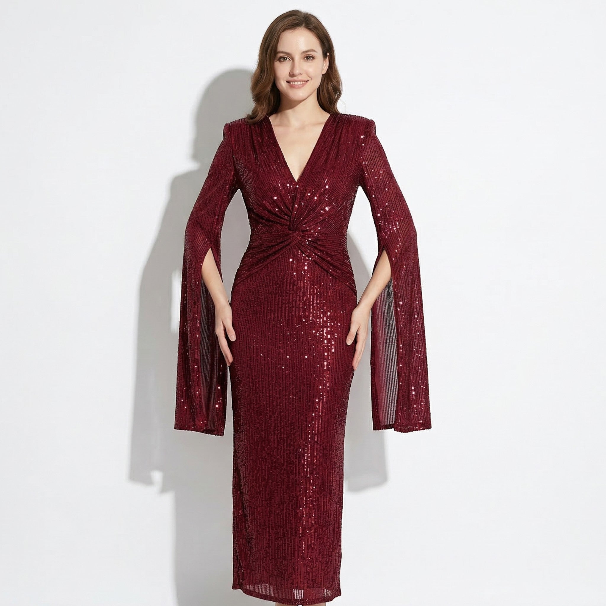 Anne - Women's V - Neck Maxi Dress with Cape Sleeves - Maxi Dresses - Wine Red - Taylor & Bennett