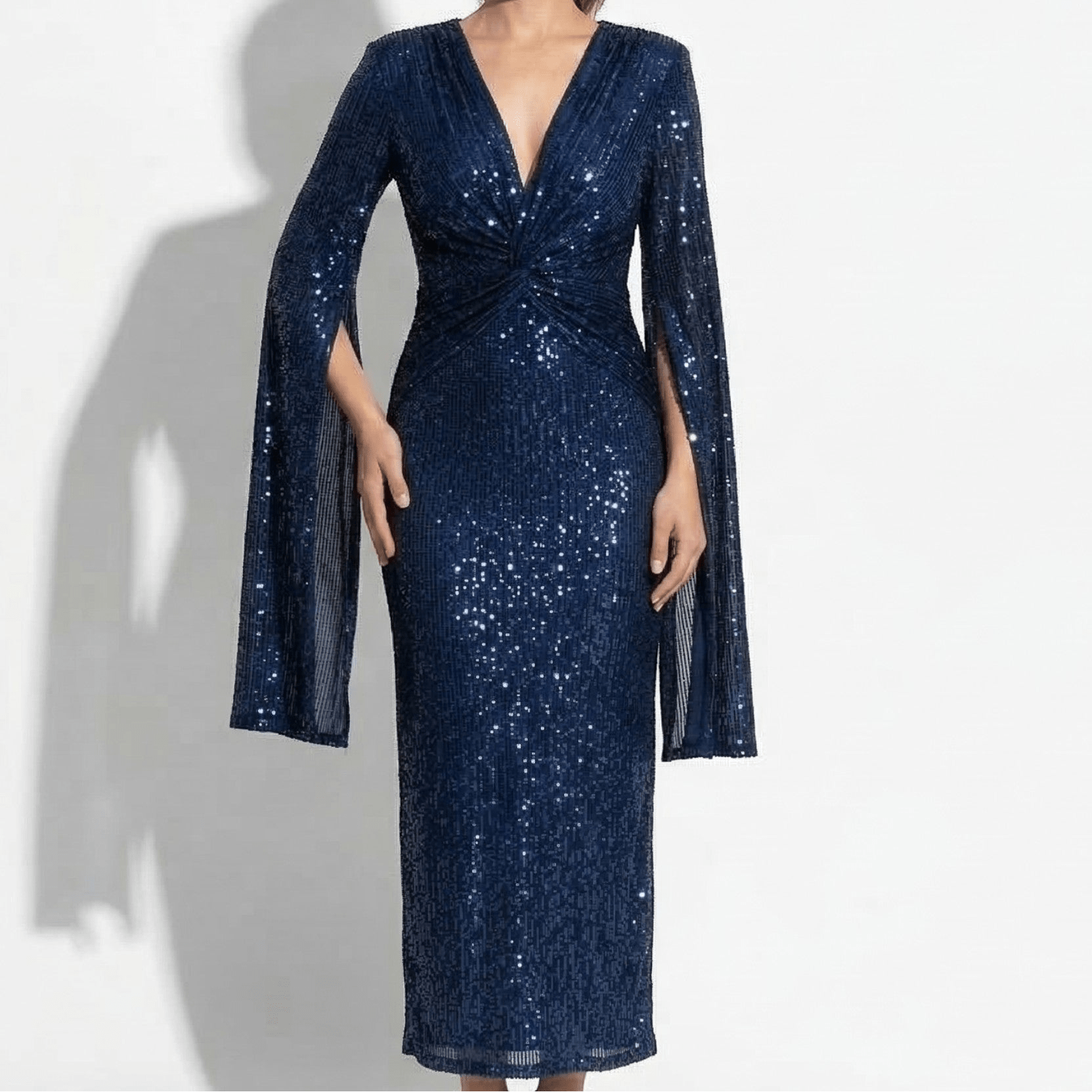 Anne - Women's V - Neck Maxi Dress with Cape Sleeves - Maxi Dresses - Navy Blue - Taylor & Bennett