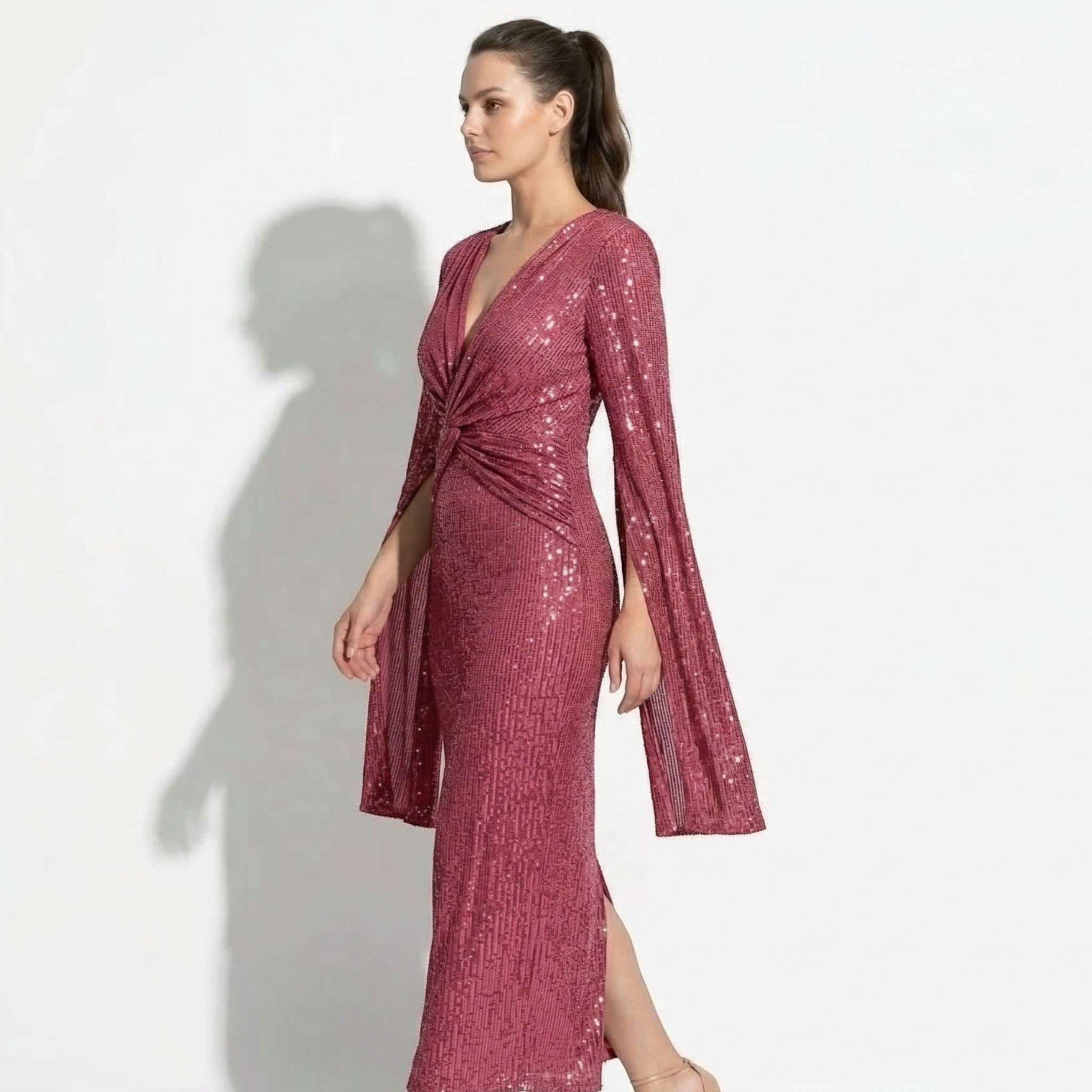 Anne - Women's V - Neck Maxi Dress with Cape Sleeves - Maxi Dresses - Red - Taylor & Bennett