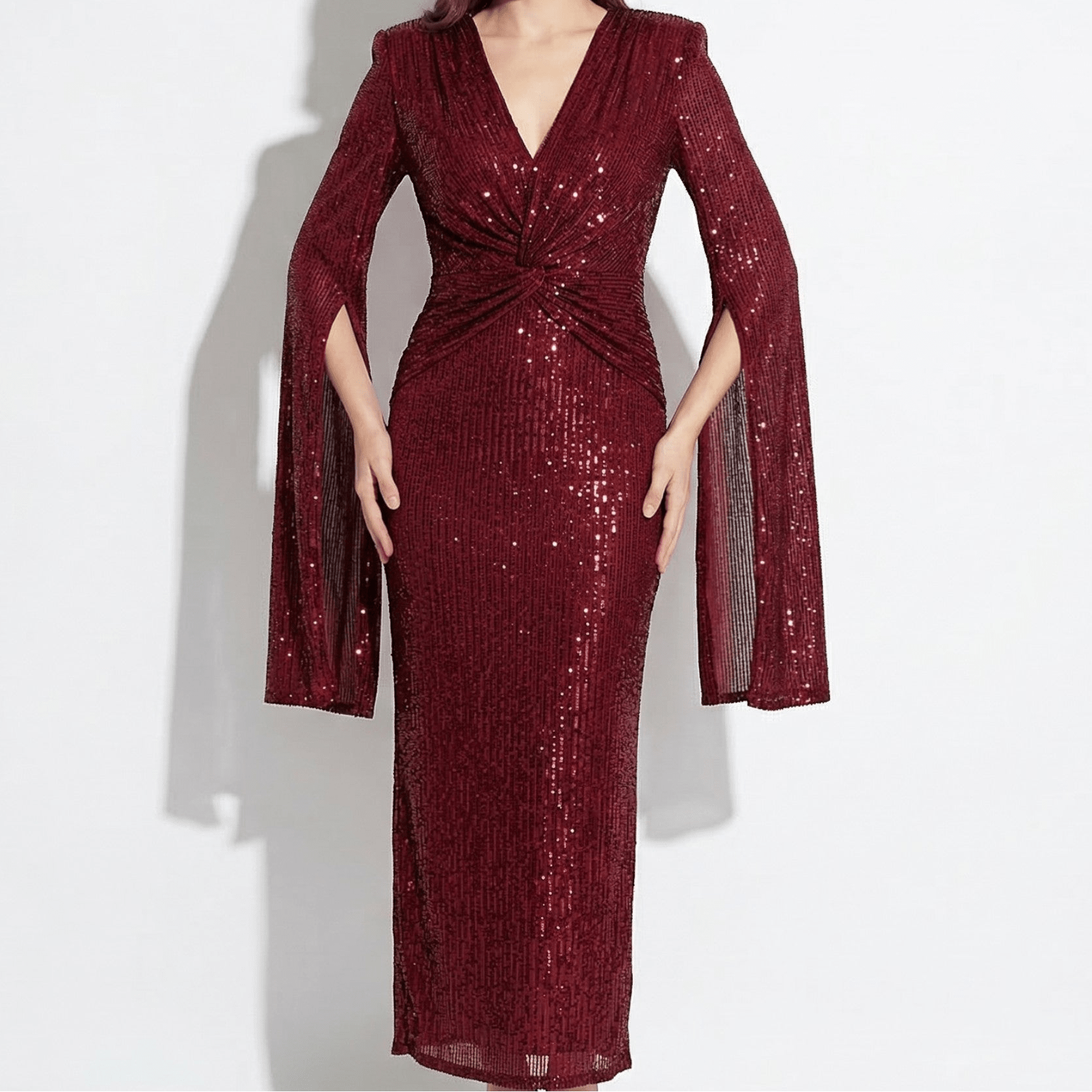 Anne - Women's V - Neck Maxi Dress with Cape Sleeves - Maxi Dresses - Wine Red - Taylor & Bennett