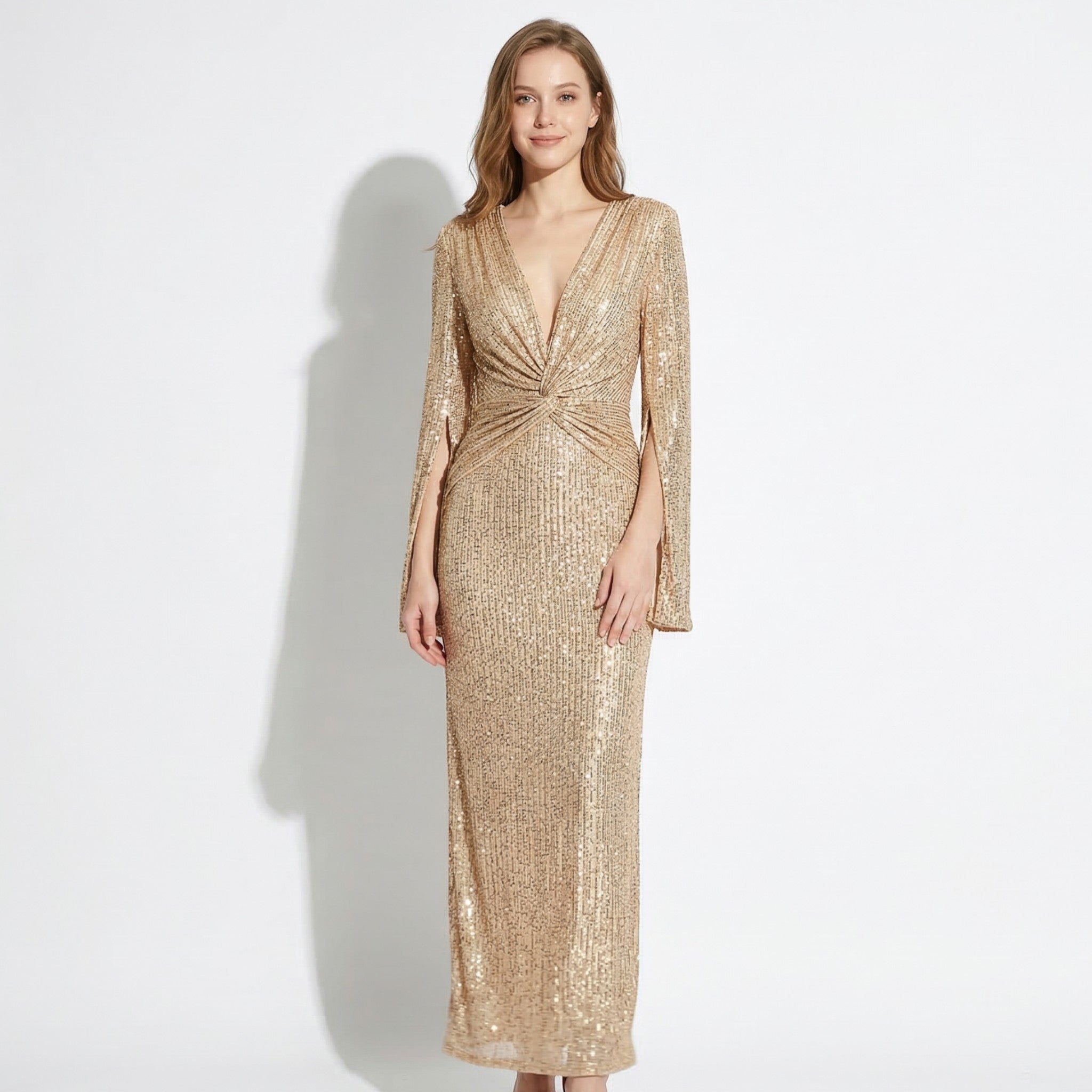 Anne - Women's V - Neck Maxi Dress with Cape Sleeves - Maxi Dresses - Gold - Taylor & Bennett