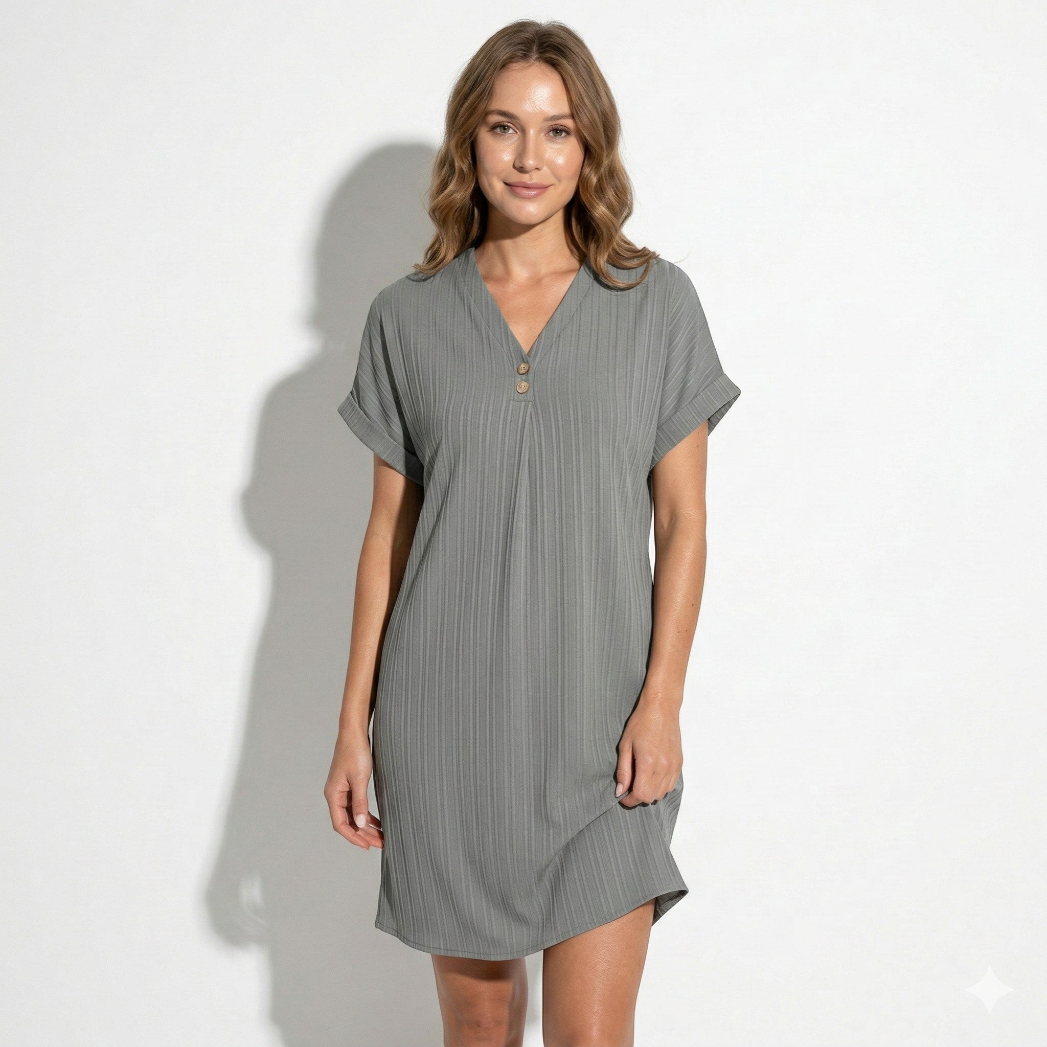 Anne - Women's V - Neck Short Sleeve Mini Dress - Dress - Grey - Taylor & Bennett