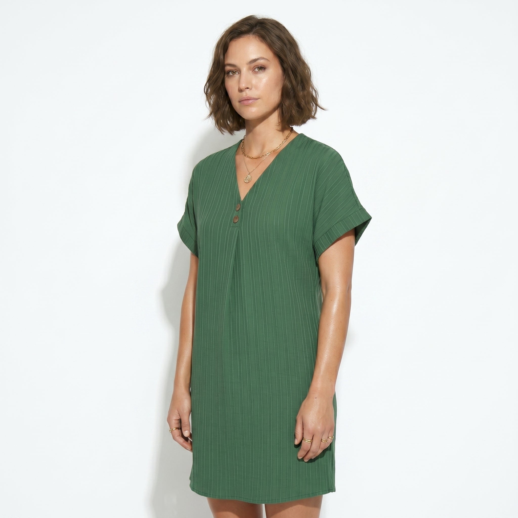 Anne - Women's V - Neck Short Sleeve Mini Dress - Mini Dress - Green - Taylor & Bennett
