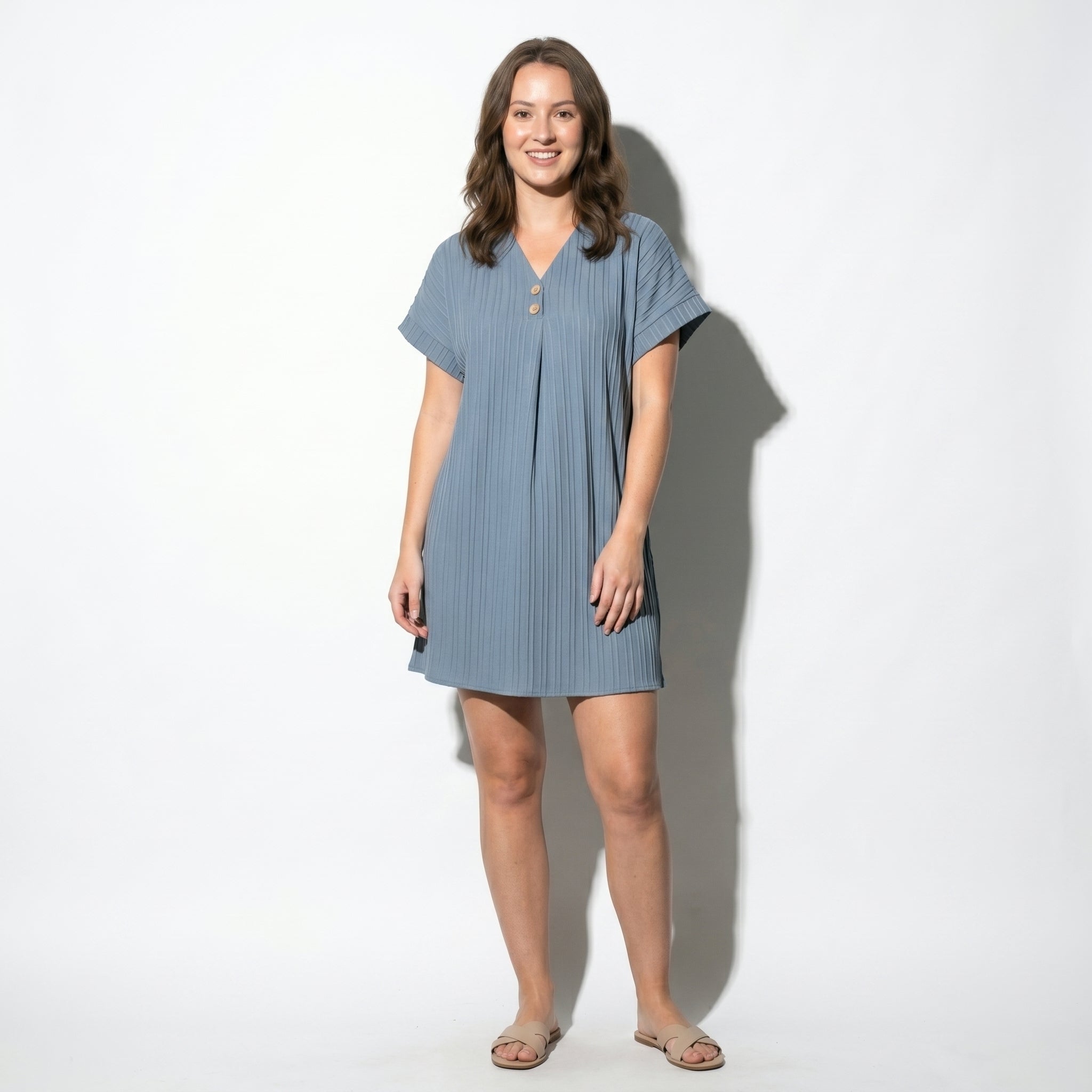 Anne - Women's V - Neck Short Sleeve Mini Dress - Mini Dress - Light Blue - Taylor & Bennett