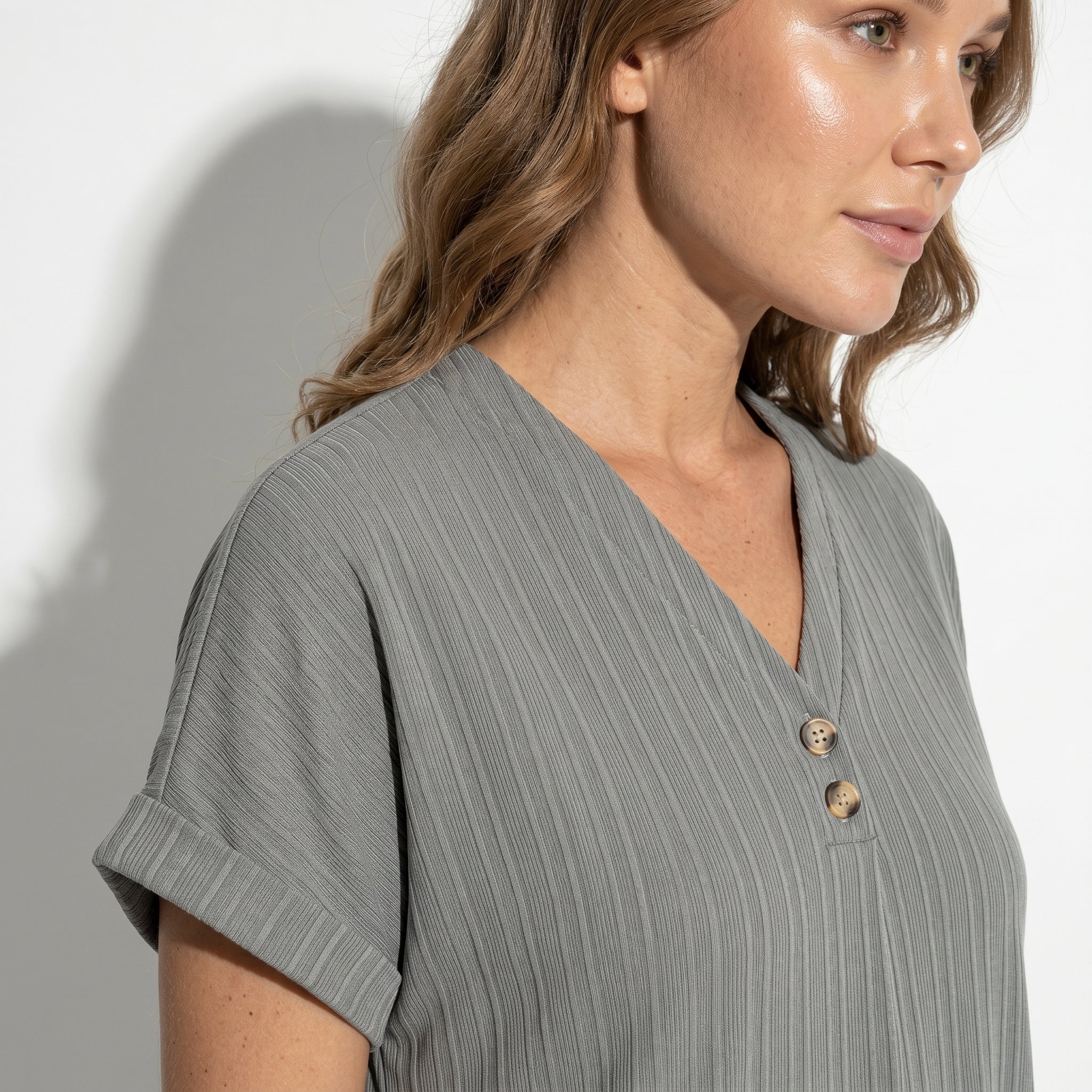 Anne - Women's V - Neck Short Sleeve Mini Dress - Mini Dress - Grey - Taylor & Bennett