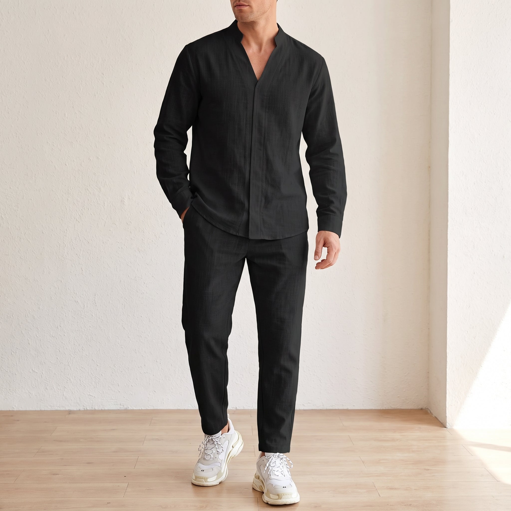 Arthur – Men's Grandad Collar Long Sleeve Shirt Co-ord Set - Outfit Sets - Black - Taylor & Bennett