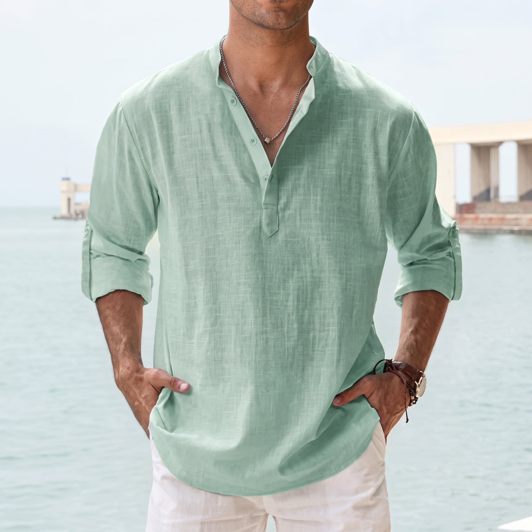 Arthur - Men's Relaxed Fit Grandad Collar Long Sleeve Shirt - Shirt - Green - Taylor & Bennett