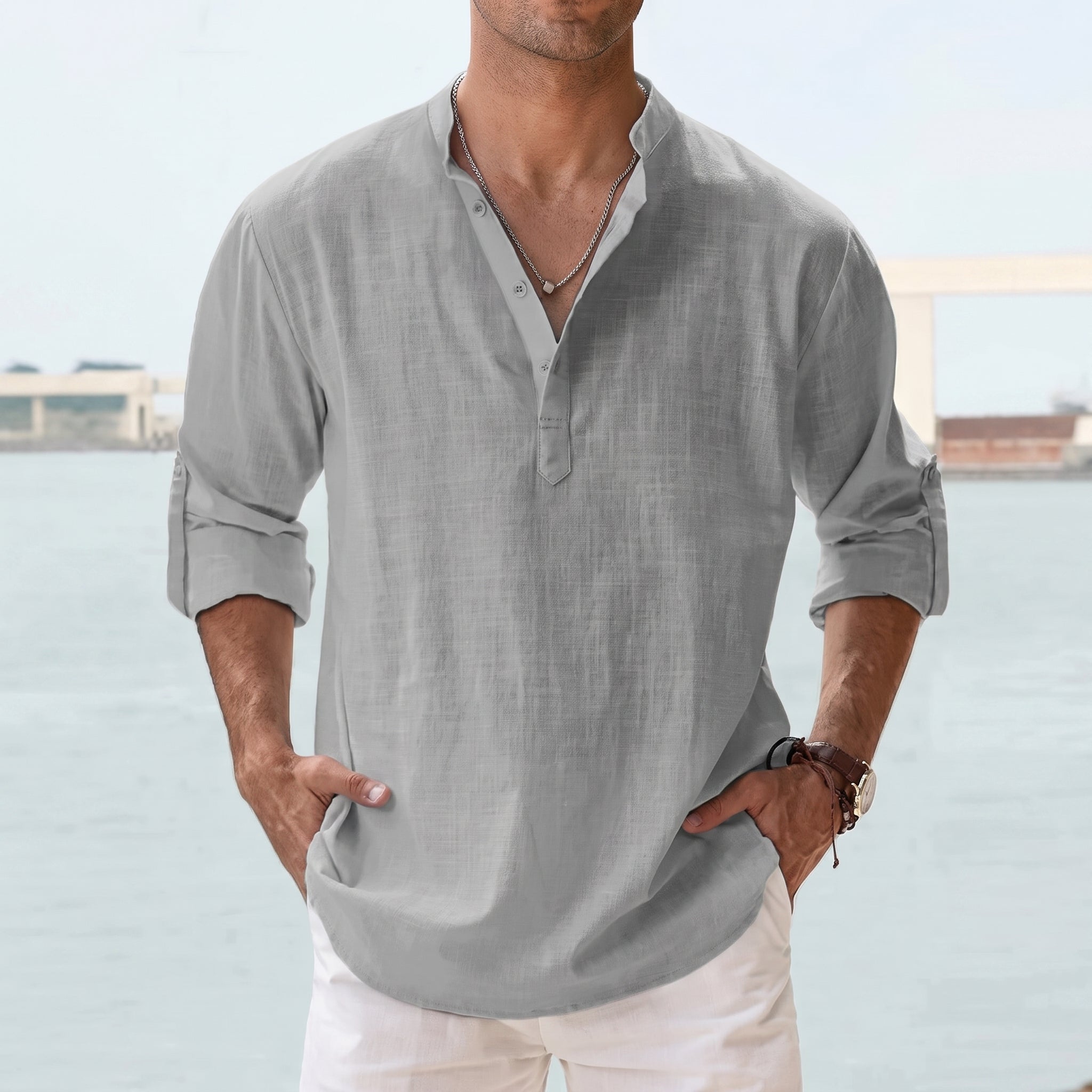 Arthur - Men's Relaxed Fit Grandad Collar Long Sleeve Shirt - Shirt - Grey - Taylor & Bennett