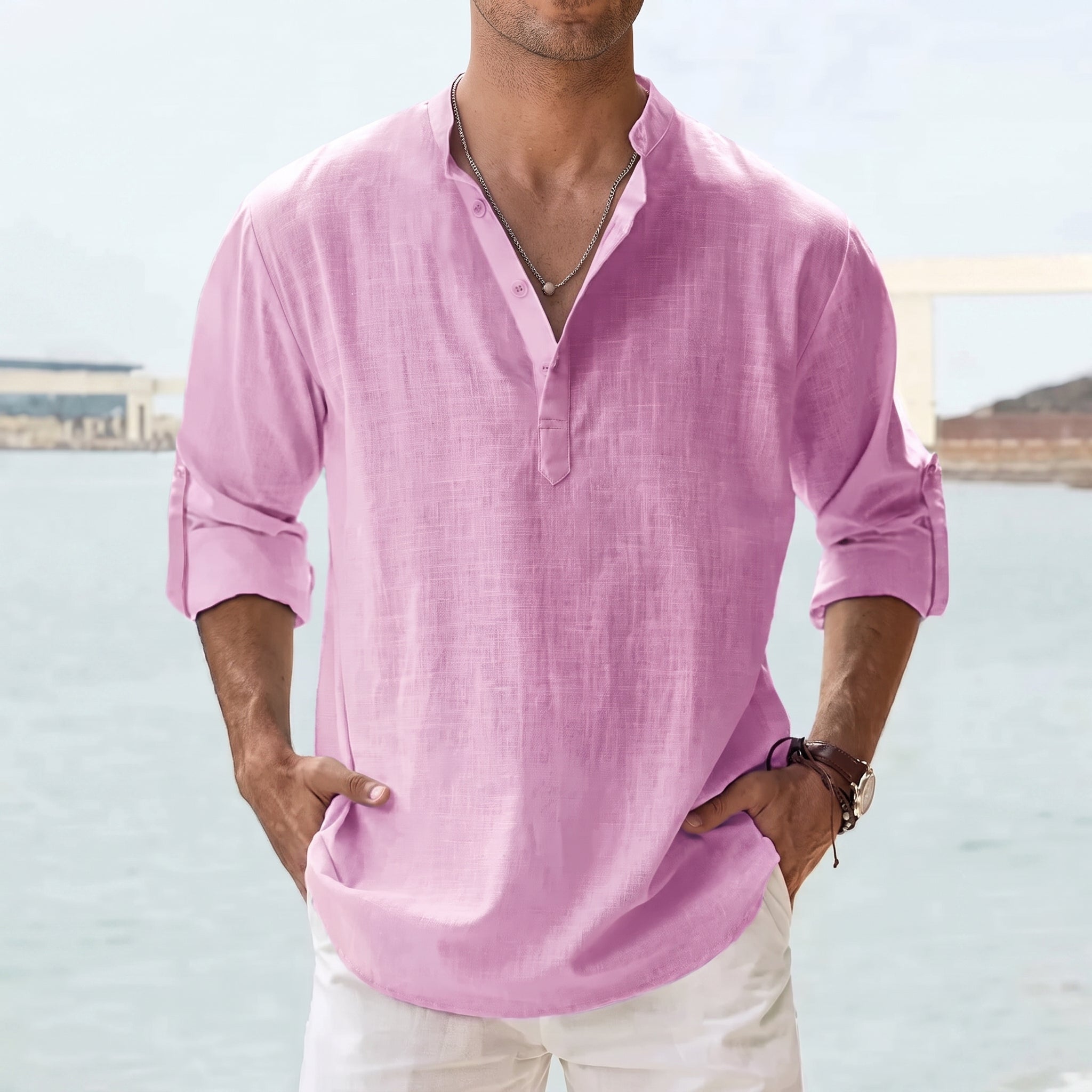 Arthur - Men's Relaxed Fit Grandad Collar Long Sleeve Shirt - Shirt - Pink - Taylor & Bennett