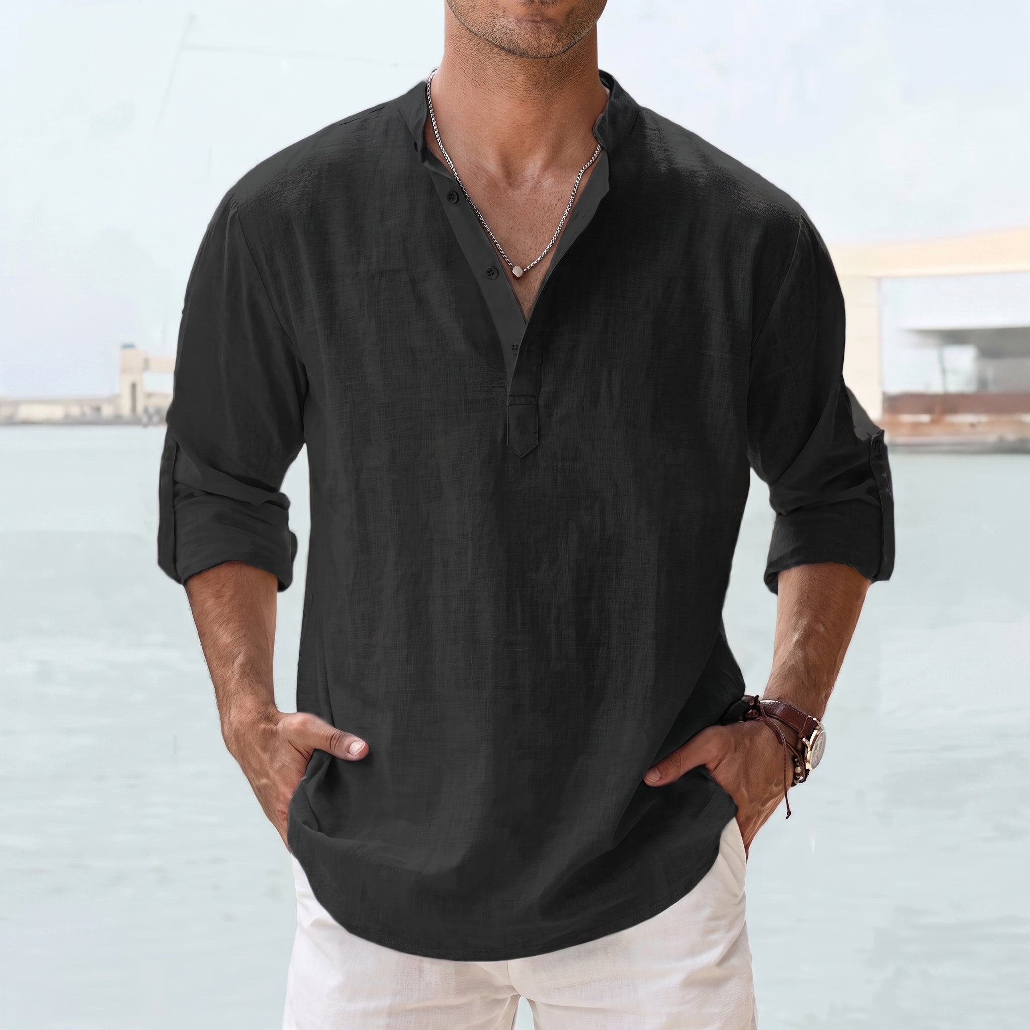 Arthur - Men's Relaxed Fit Grandad Collar Long Sleeve Shirt - Shirt - Black - Taylor & Bennett