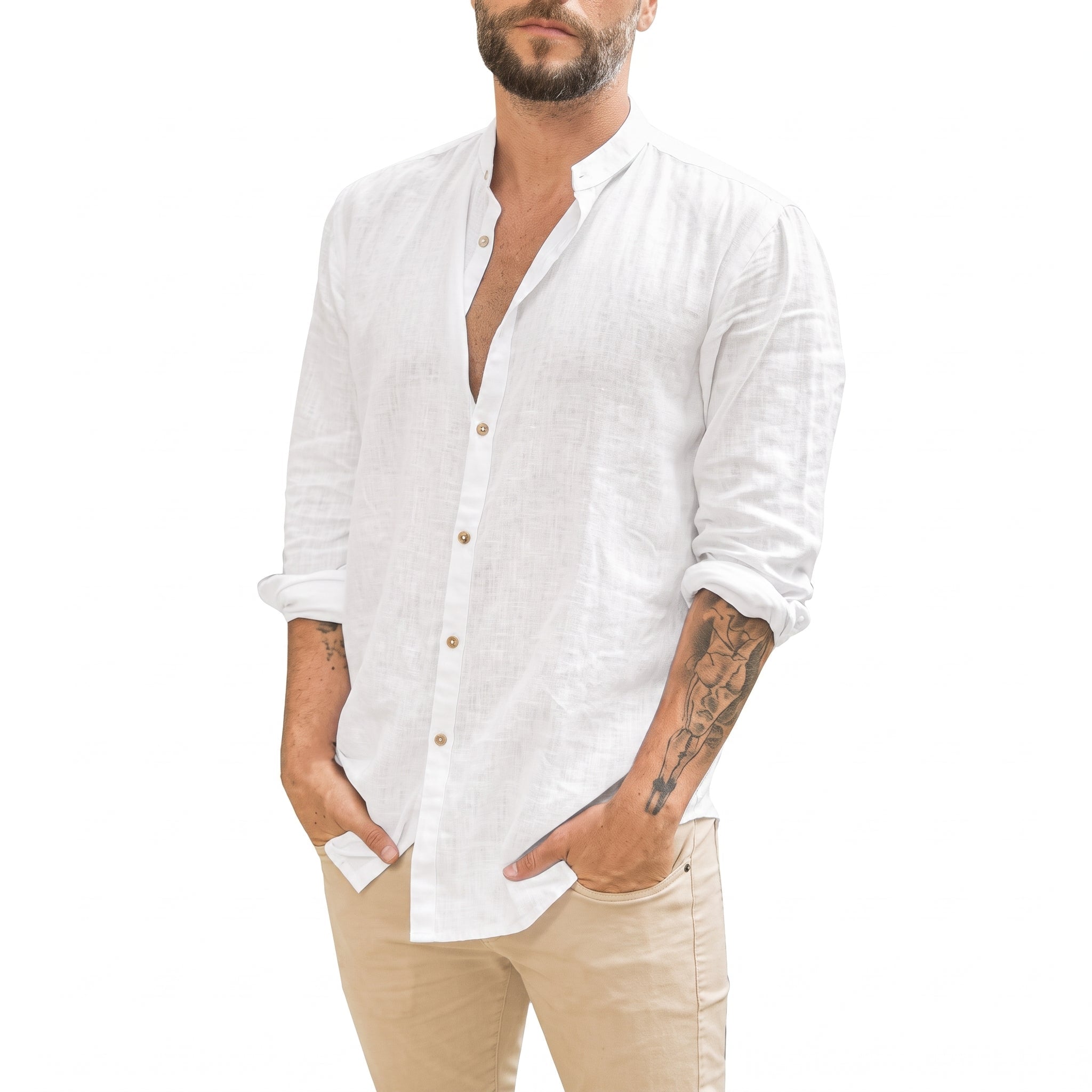 Arthur – Men's Relaxed Fit Mandarin Collar Long Sleeve Shirt - Shirts - White - Taylor & Bennett