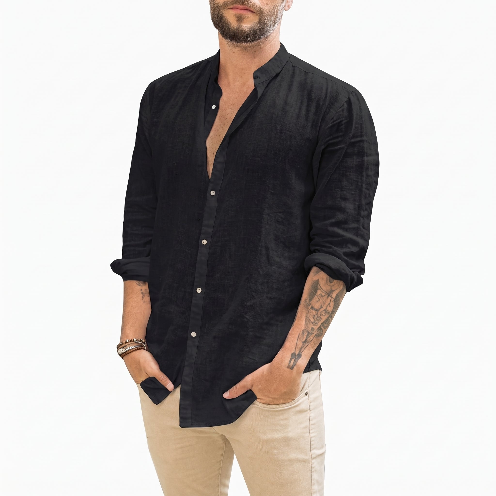 Arthur – Men's Relaxed Fit Mandarin Collar Long Sleeve Shirt - Shirts - Black - Taylor & Bennett