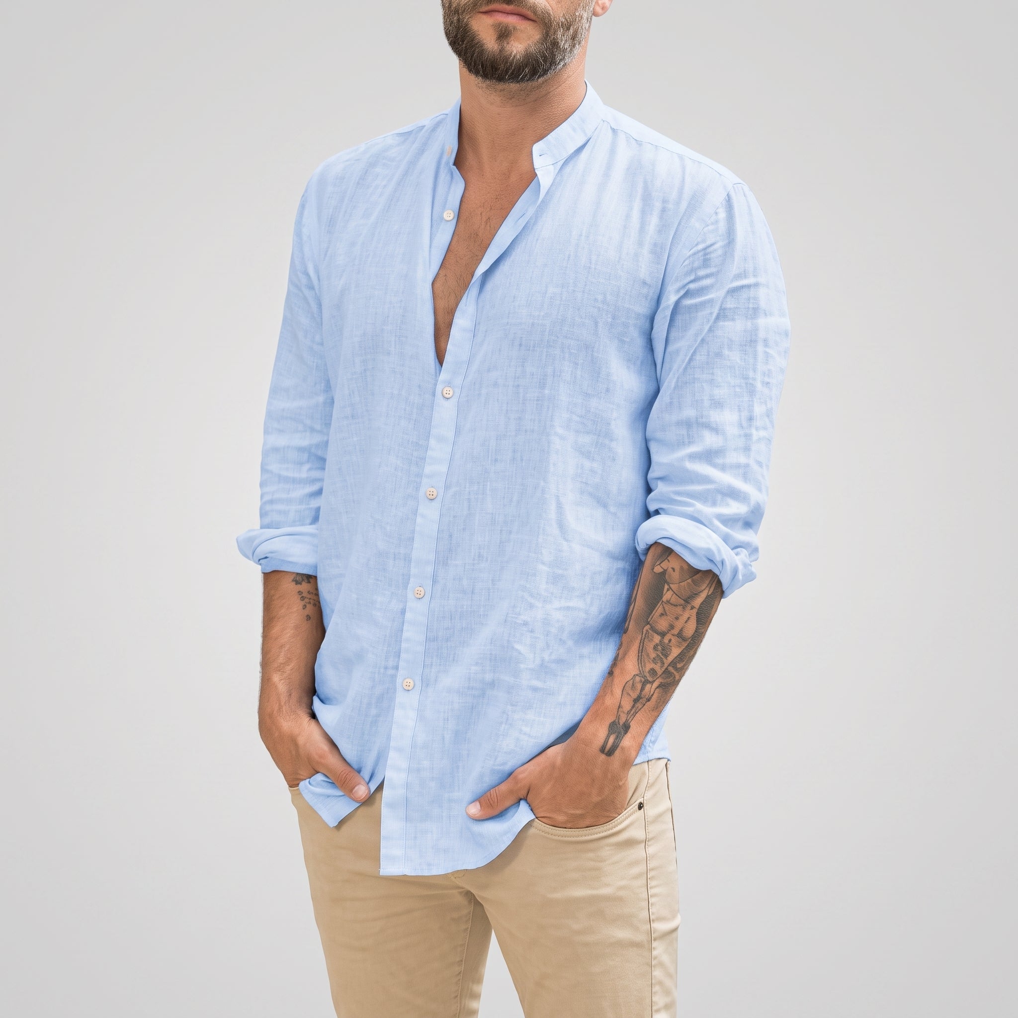 Arthur – Men's Relaxed Fit Mandarin Collar Long Sleeve Shirt - Shirts - Light Blue - Taylor & Bennett