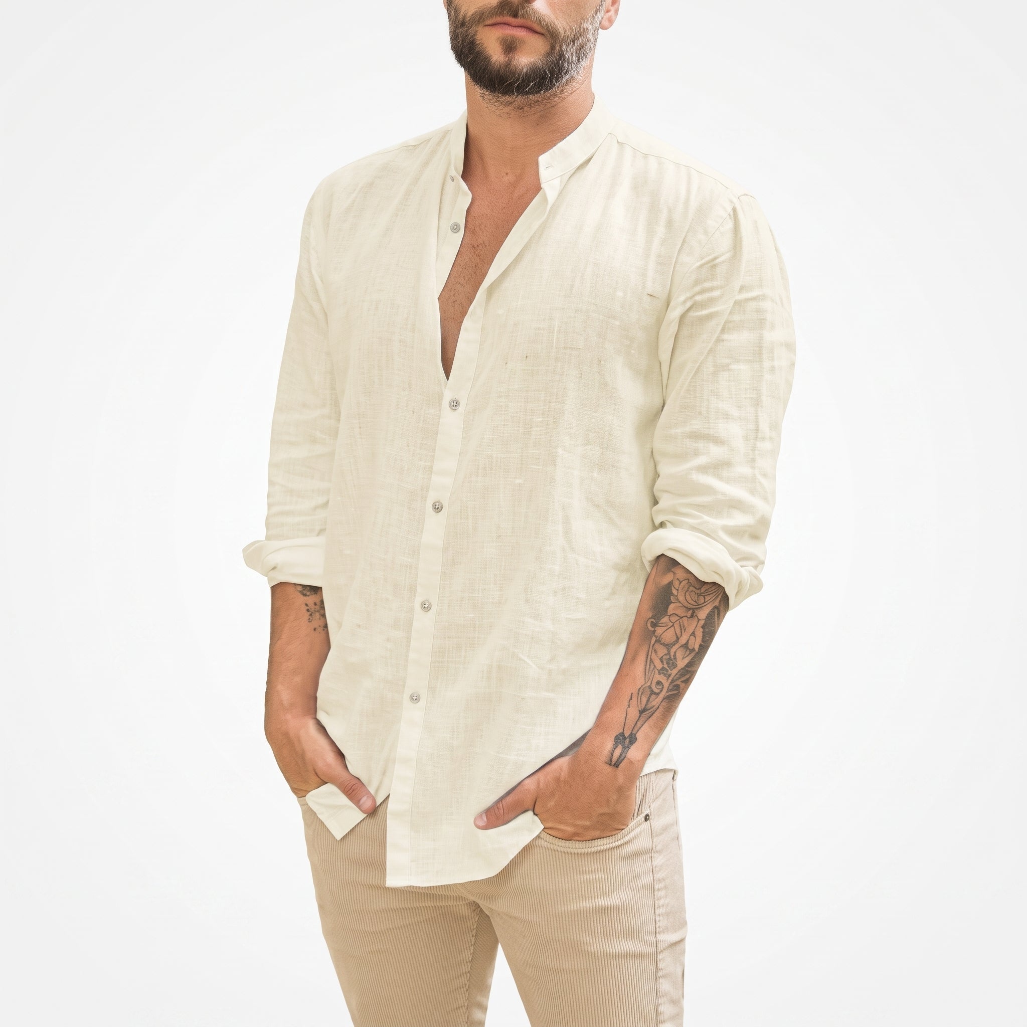 Arthur – Men's Relaxed Fit Mandarin Collar Long Sleeve Shirt - Shirts - Beige - Taylor & Bennett