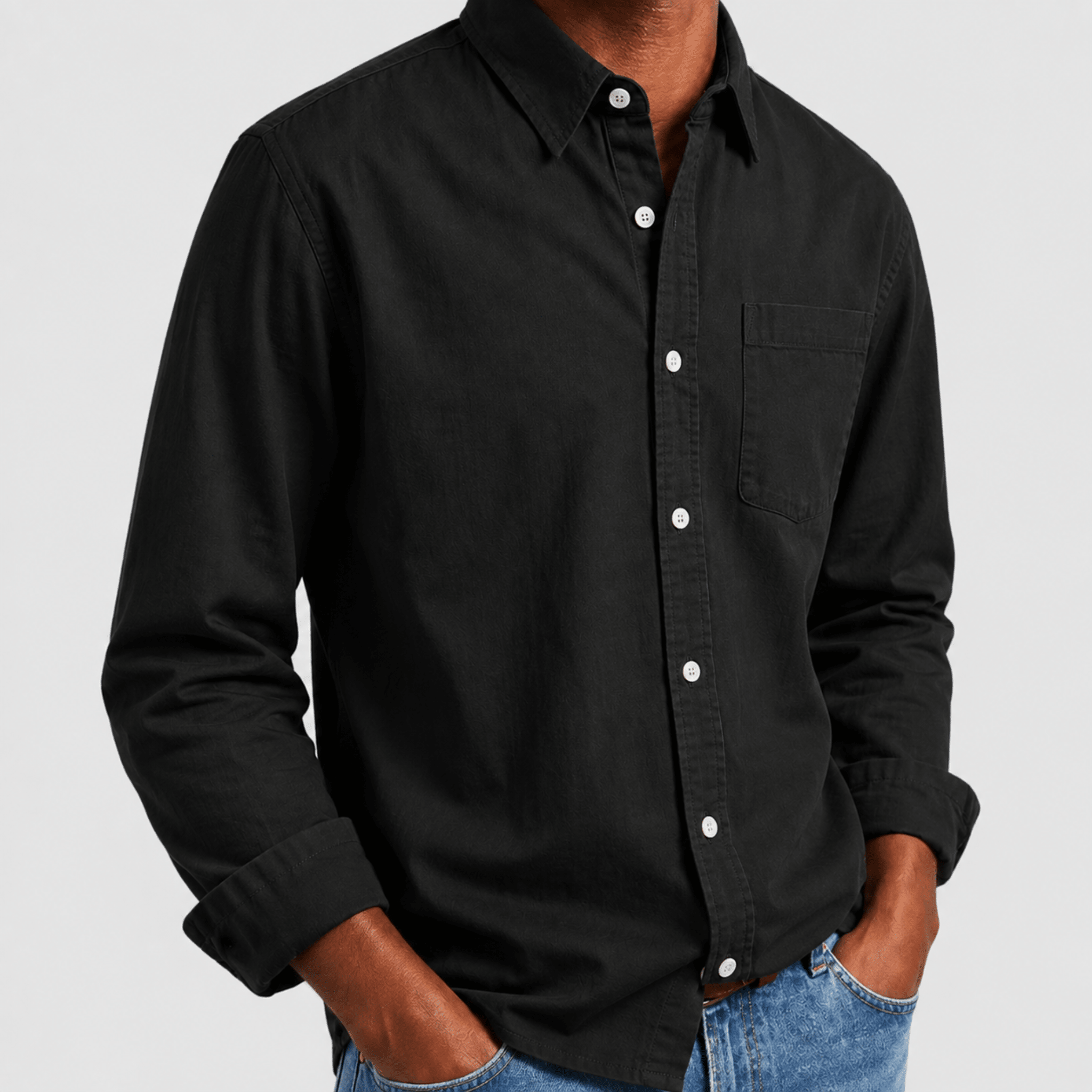 Arthur - Men's Relaxed Fit Point Collar Long Sleeve Shirt - Shirts - Black - Taylor & Bennett