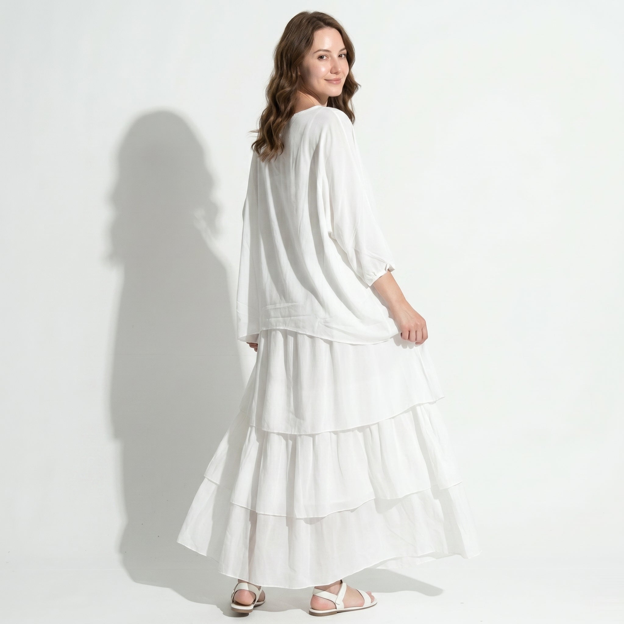 Athena – Women's Batwing Tiered Summer Maxi Dress - Maxi Dress - White - Taylor & Bennett