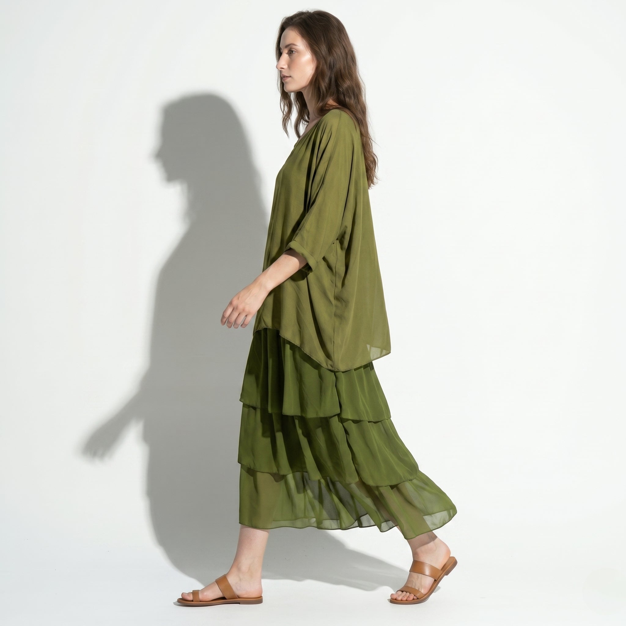 Athena – Women's Batwing Tiered Summer Maxi Dress - Maxi Dress - Olive Green - Taylor & Bennett