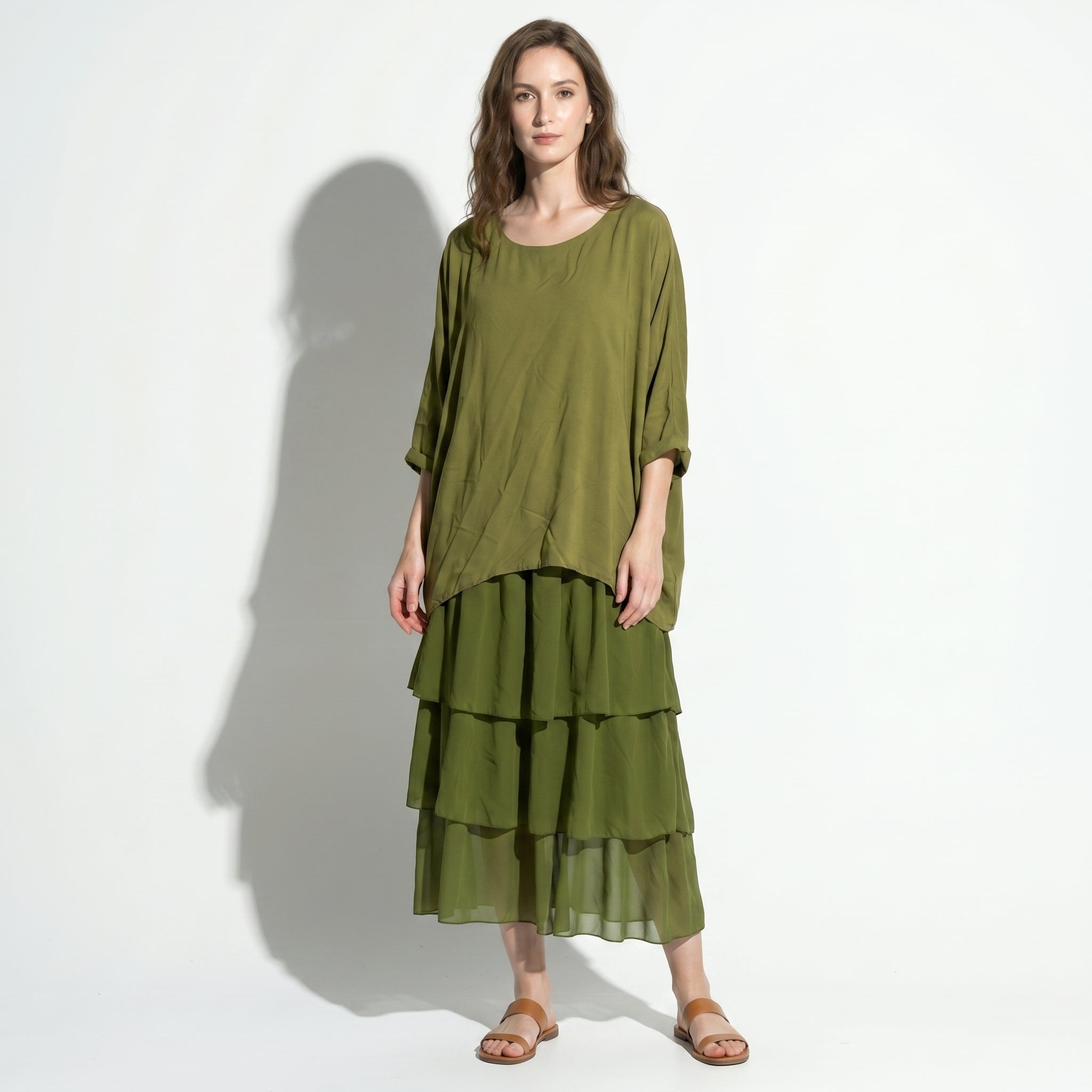 Athena – Women's Batwing Tiered Summer Maxi Dress - Maxi Dress - Olive Green - Taylor & Bennett