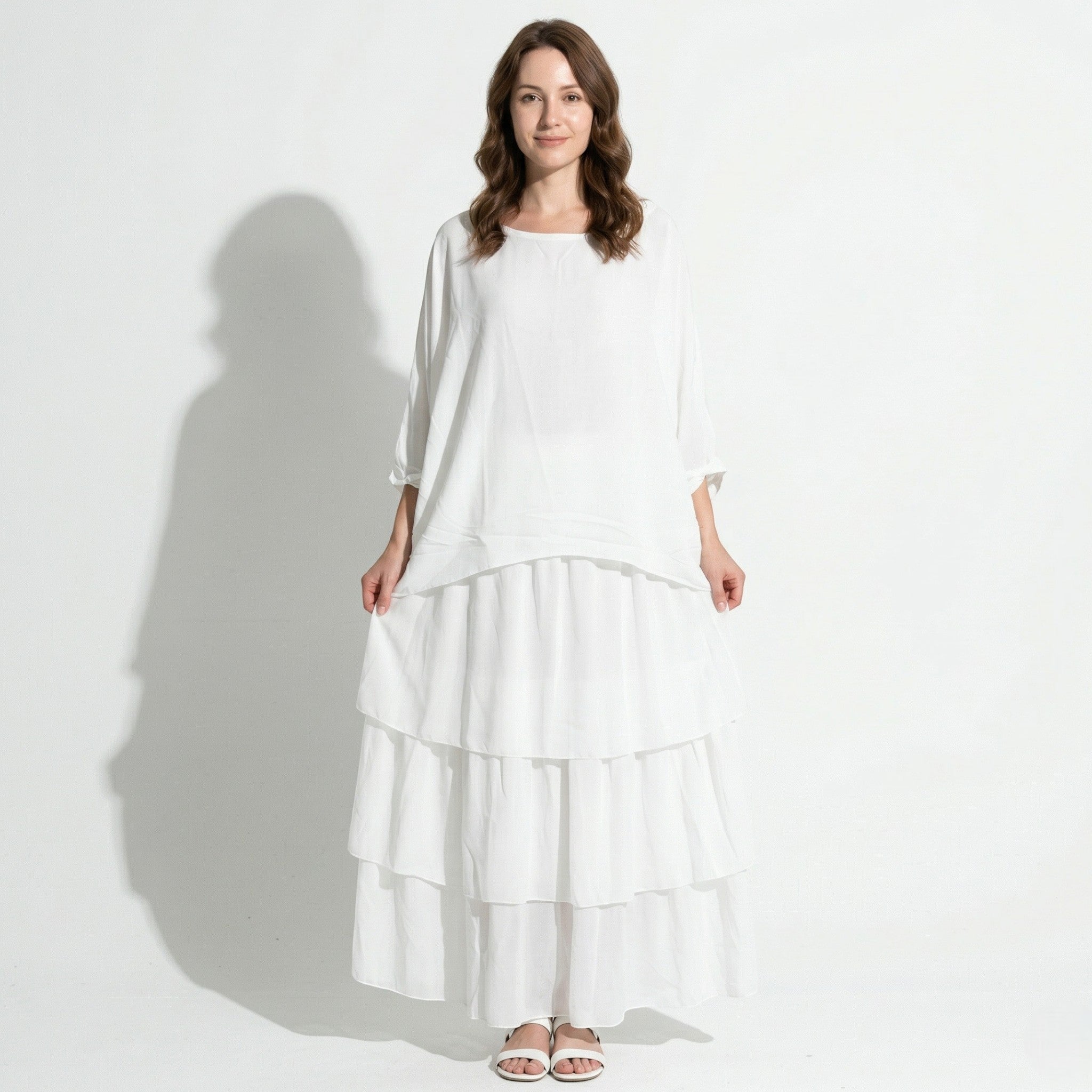 Athena – Women's Batwing Tiered Summer Maxi Dress - Maxi Dress - White - Taylor & Bennett