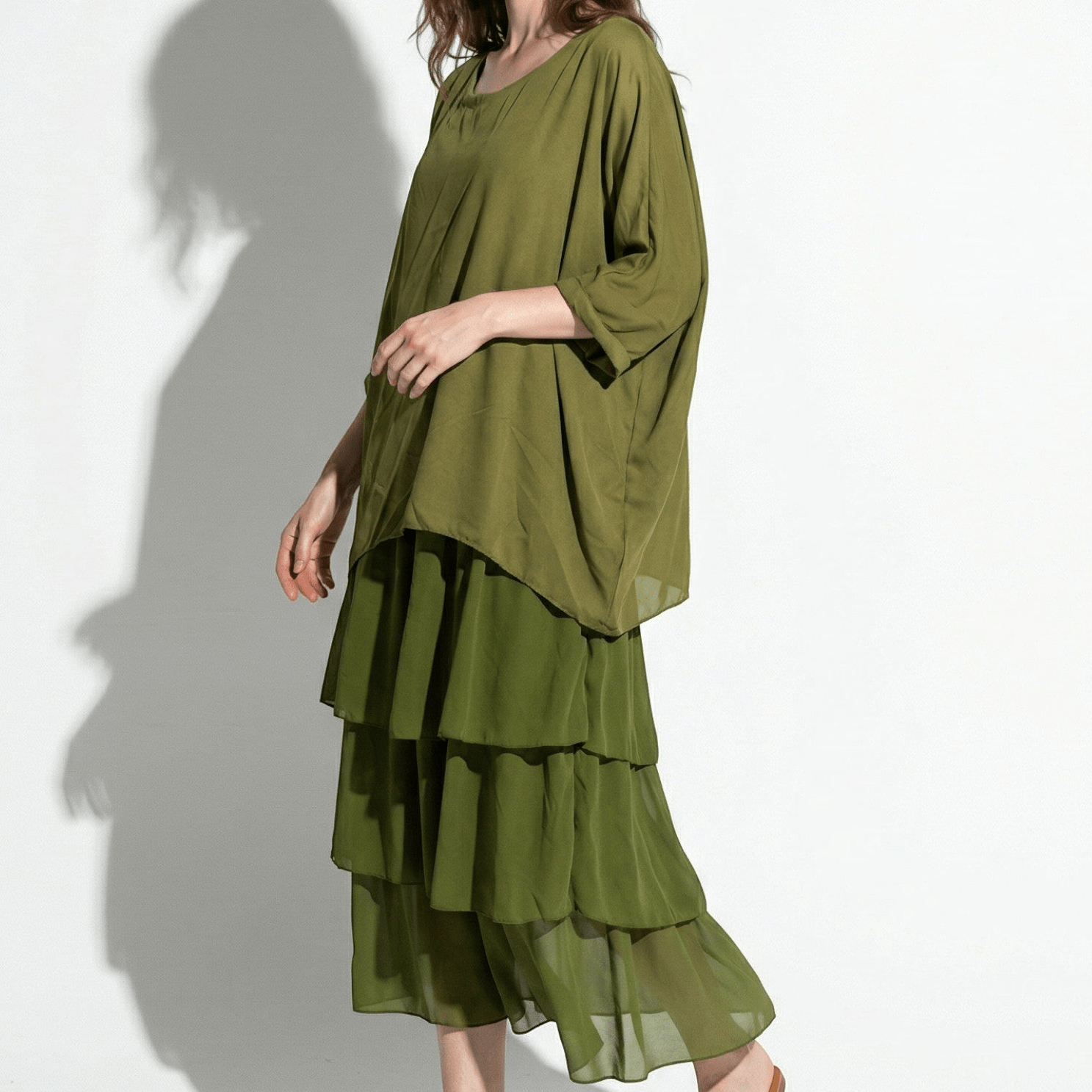 Athena – Women's Batwing Tiered Summer Maxi Dress - Maxi Dress - Olive Green - Taylor & Bennett