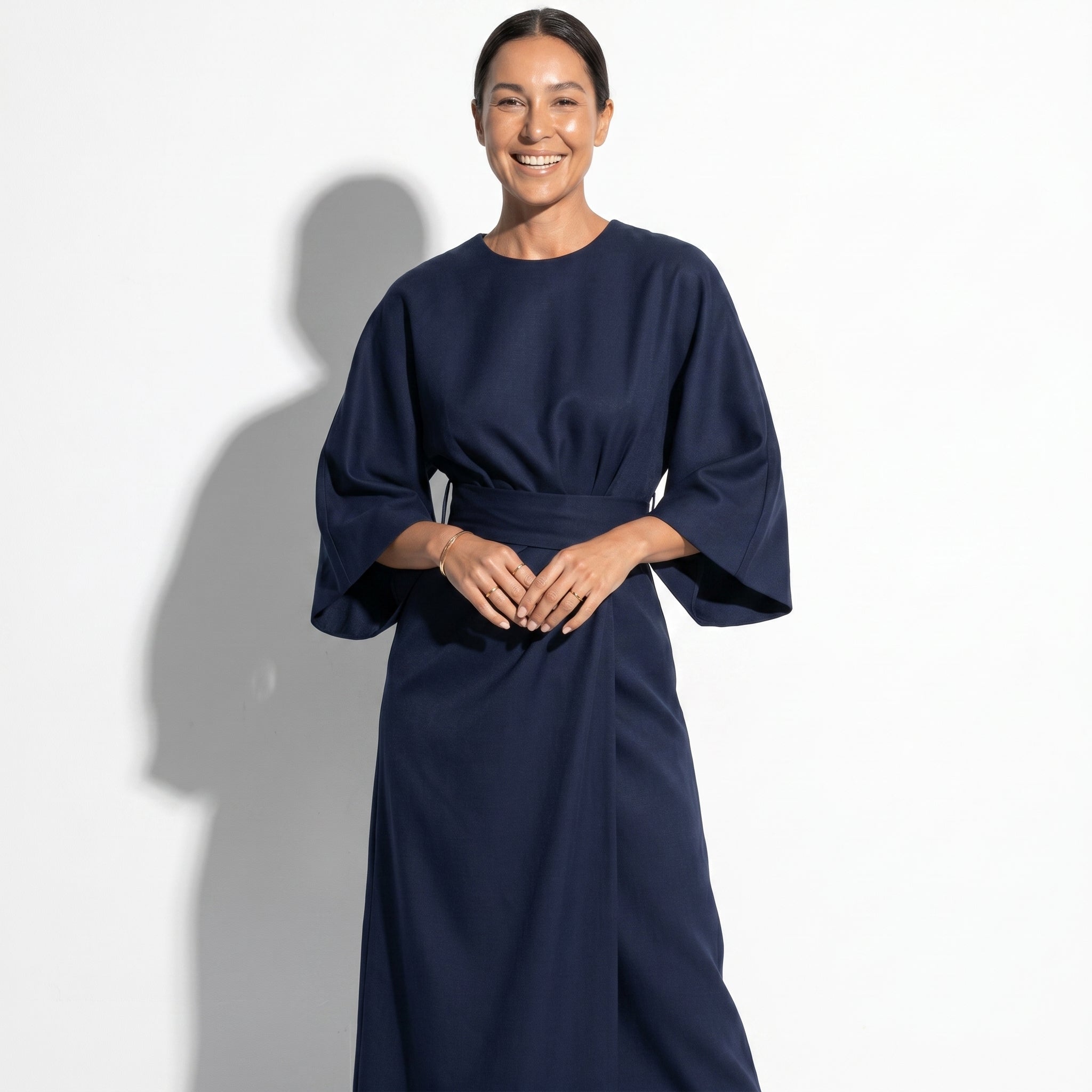 Aurora - Women's Flowy Belted Kimono Style Maxi Dress - Dress - Navy Blue - Taylor & Bennett