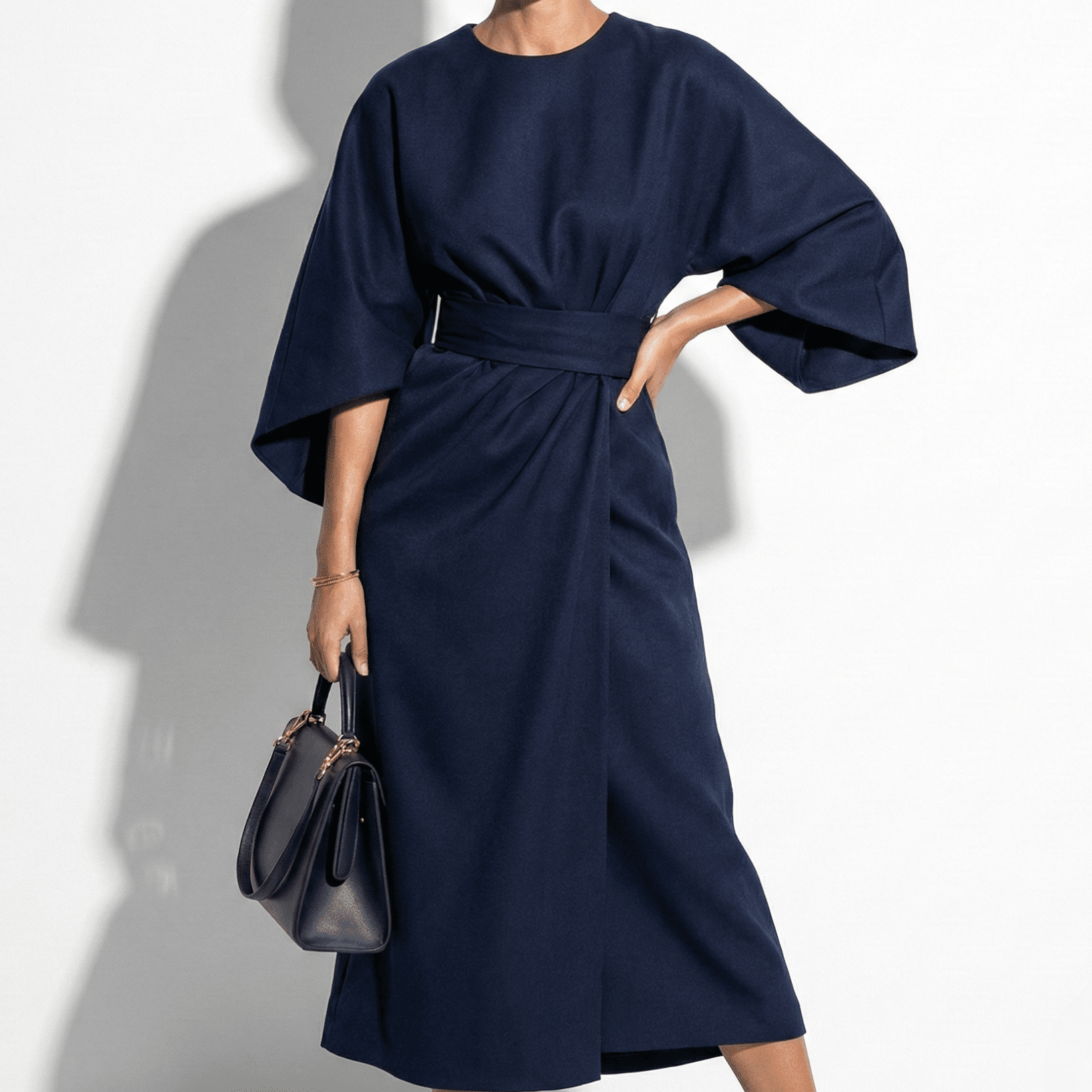 Aurora - Women's Flowy Belted Kimono Style Maxi Dress - Dress - Navy Blue - Taylor & Bennett