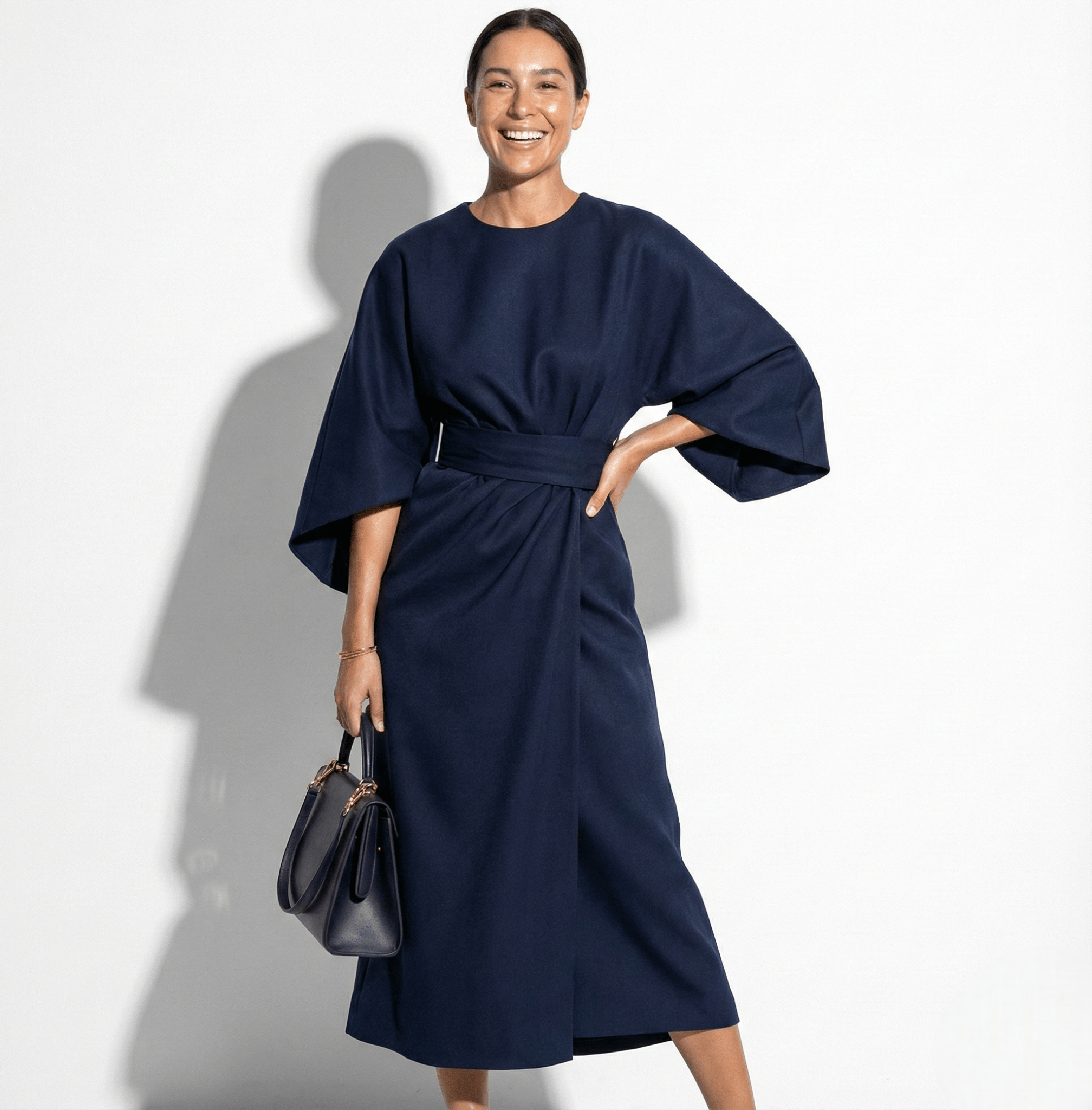 Aurora - Women's Flowy Belted Kimono Style Maxi Dress - Dress - Navy Blue - Taylor & Bennett