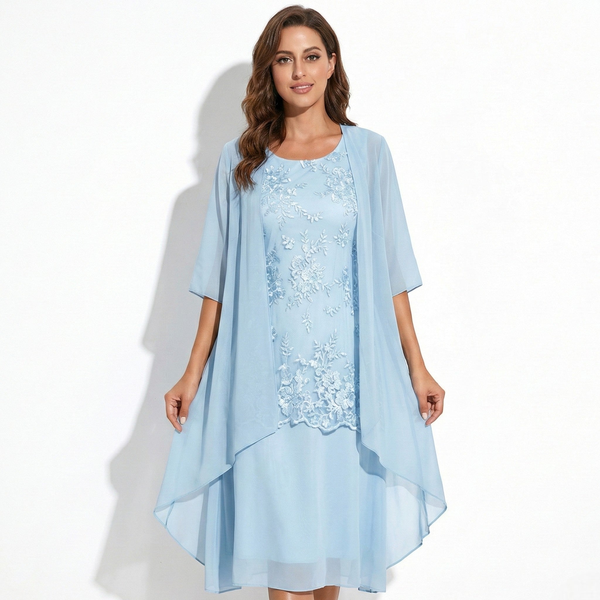 Ava - Women's Floral Lace Layered Maxi Dress with Chiffon Jacket - Women Dress - Sky Blue - Taylor & Bennett
