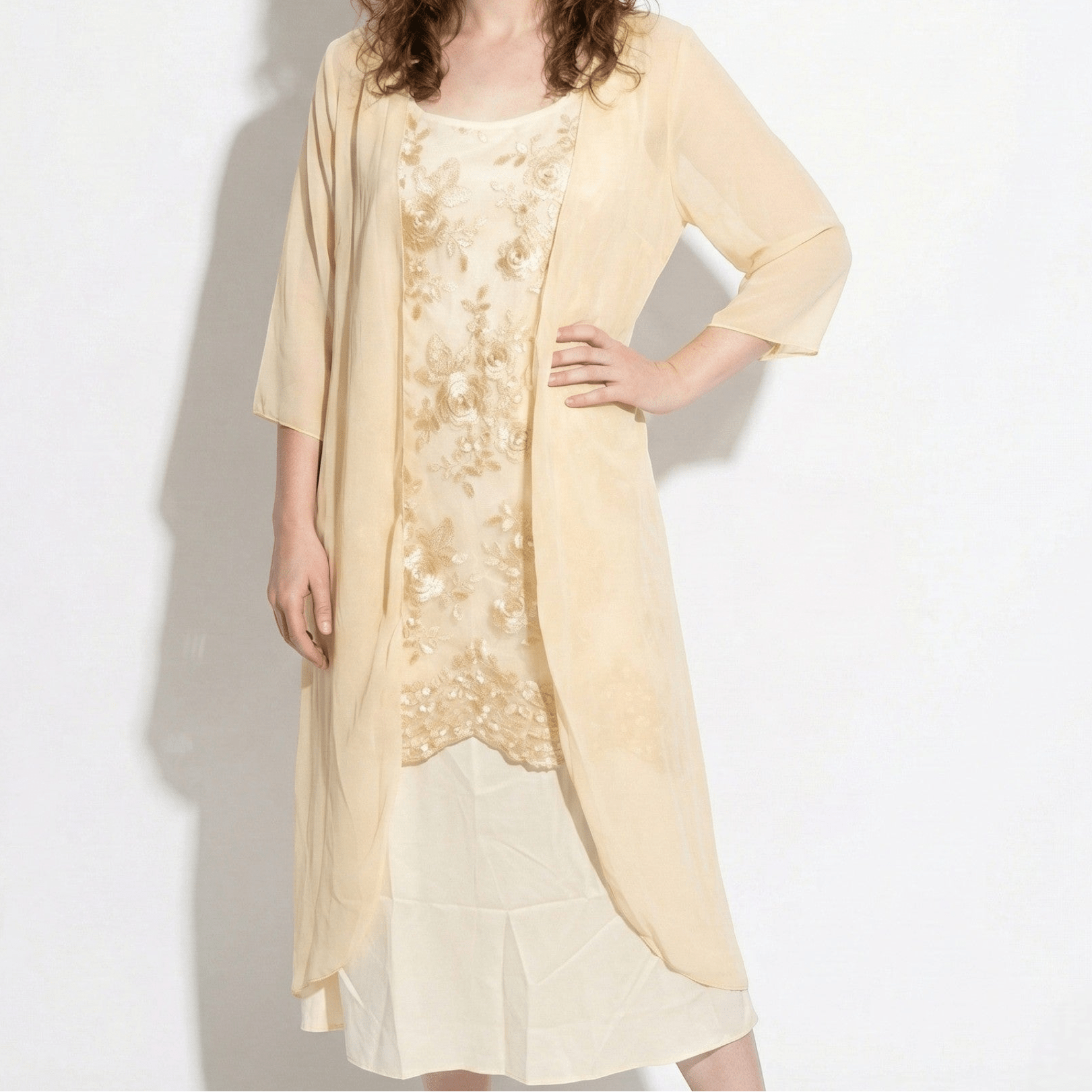 Ava - Women's Floral Lace Layered Maxi Dress with Chiffon Jacket - Women Dress - Yellow - Taylor & Bennett