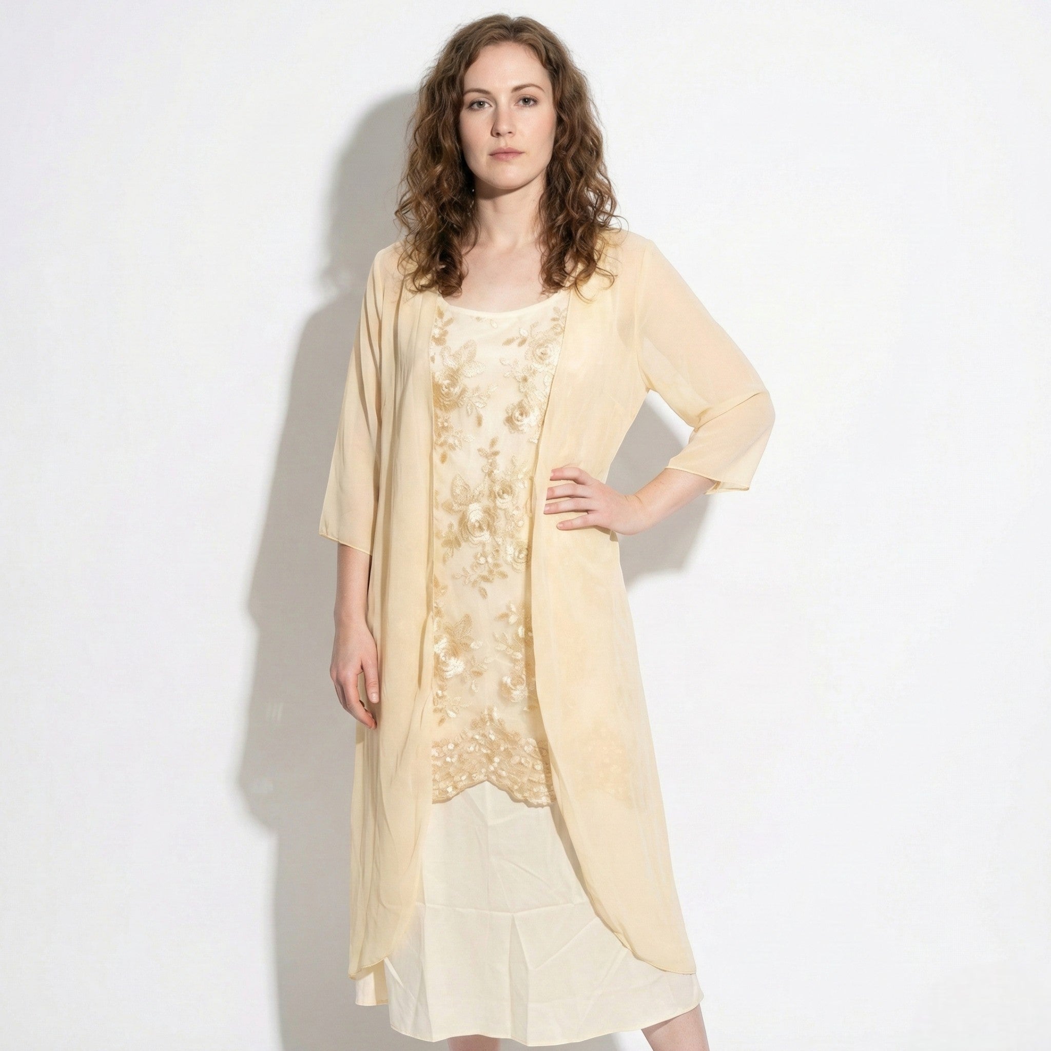 Ava - Women's Floral Lace Layered Maxi Dress with Chiffon Jacket - Women Dress - Yellow - Taylor & Bennett