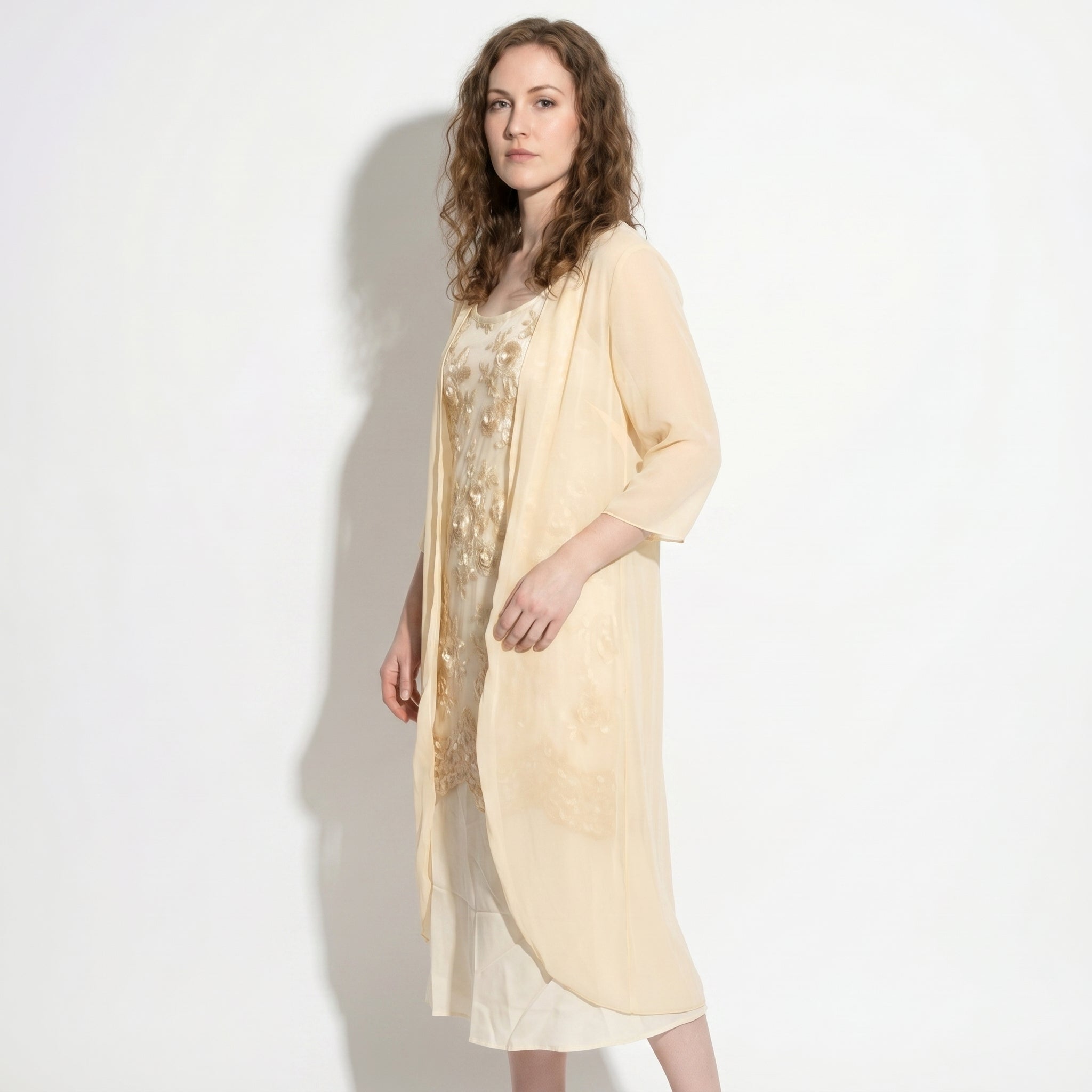 Ava - Women's Floral Lace Layered Maxi Dress with Chiffon Jacket - Women Dress - Yellow - Taylor & Bennett