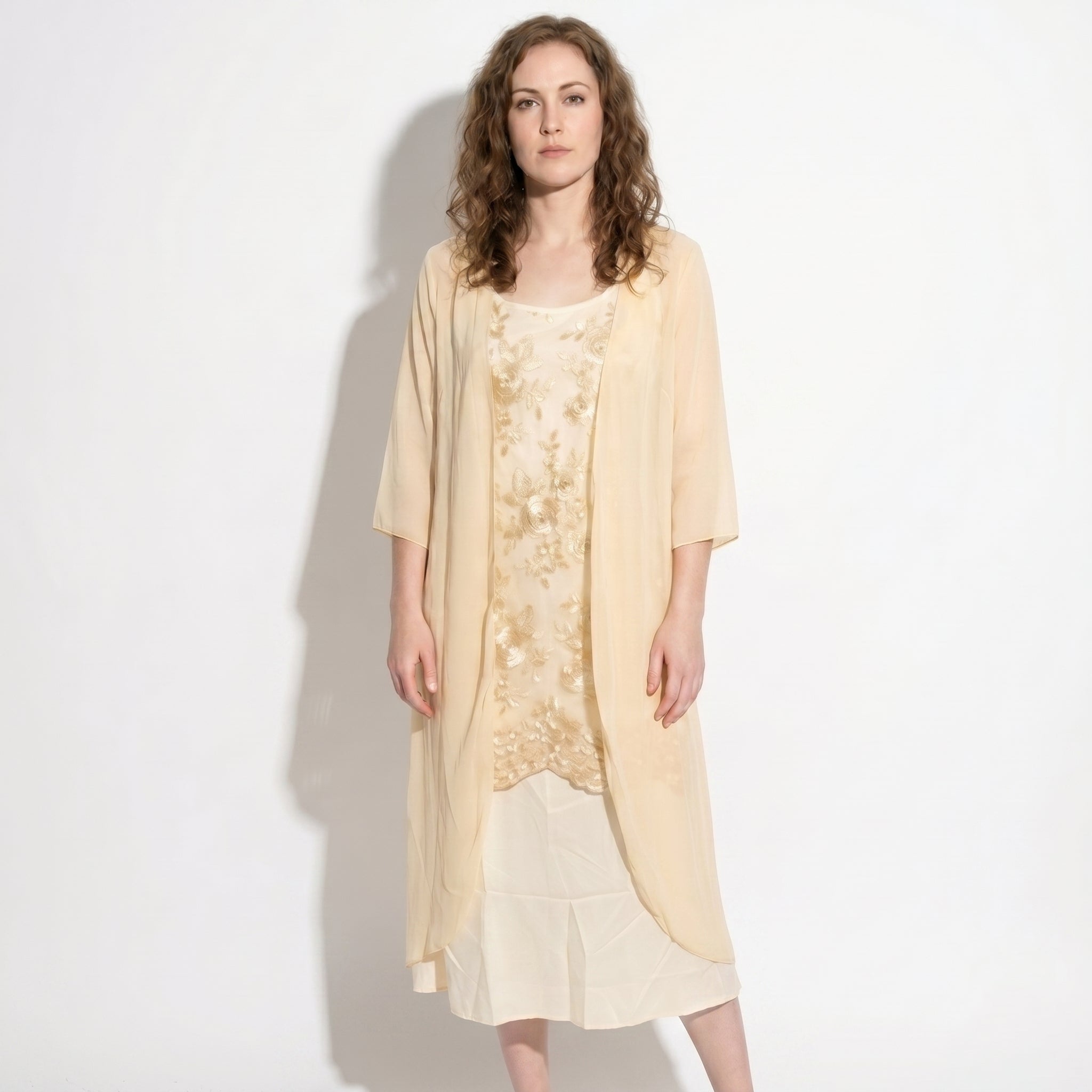 Ava - Women's Floral Lace Layered Maxi Dress with Chiffon Jacket - Women Dress - Yellow - Taylor & Bennett