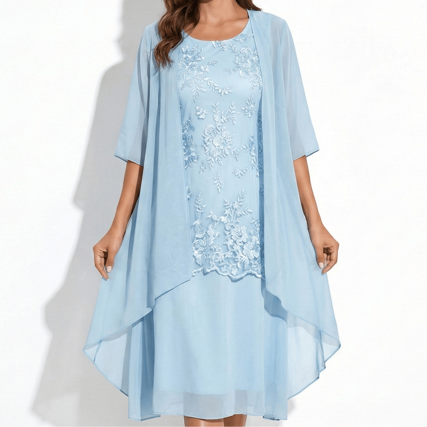 Ava - Women's Floral Lace Layered Maxi Dress with Chiffon Jacket - Women Dress - Sky Blue - Taylor & Bennett