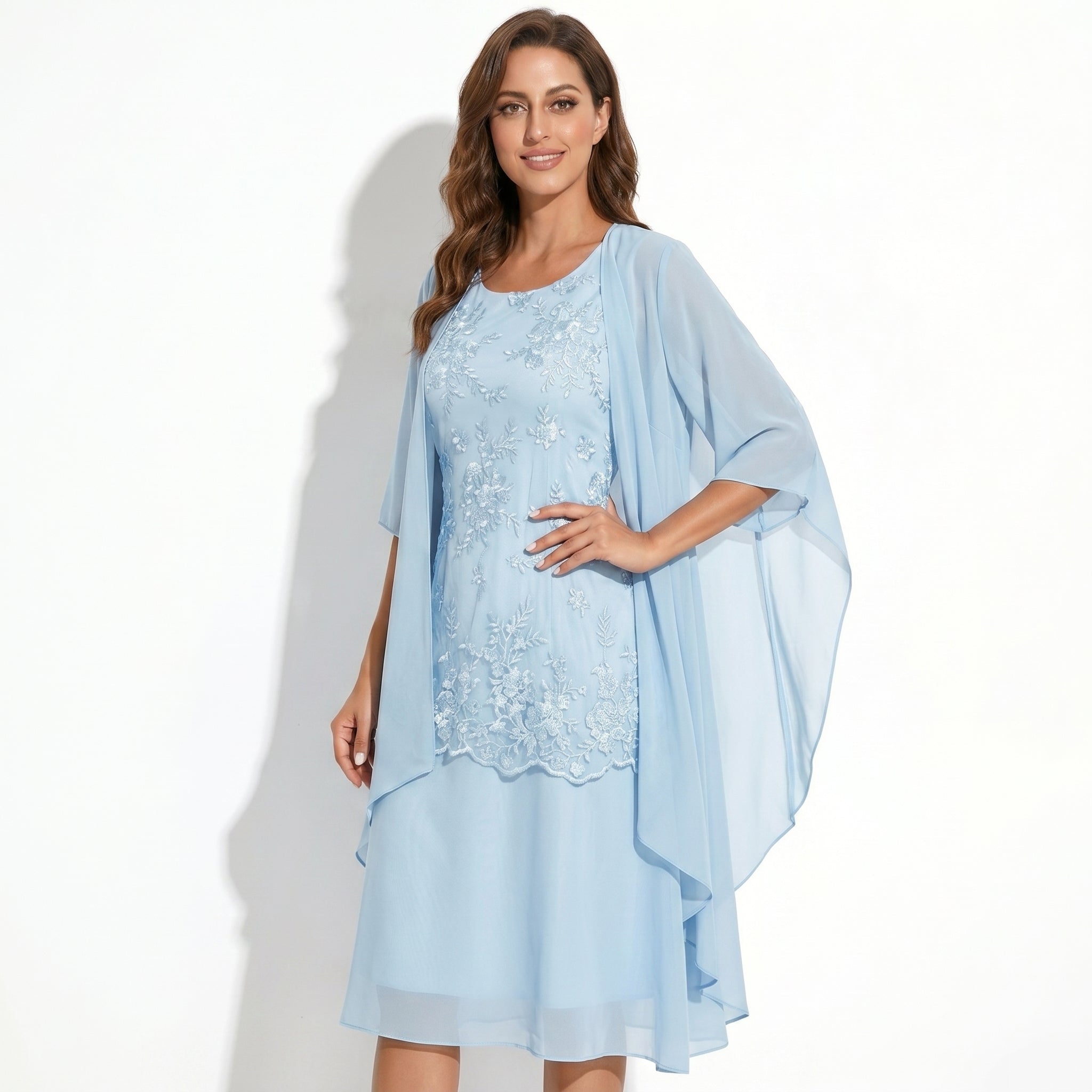 Ava - Women's Floral Lace Layered Maxi Dress with Chiffon Jacket - Women Dress - Sky Blue - Taylor & Bennett