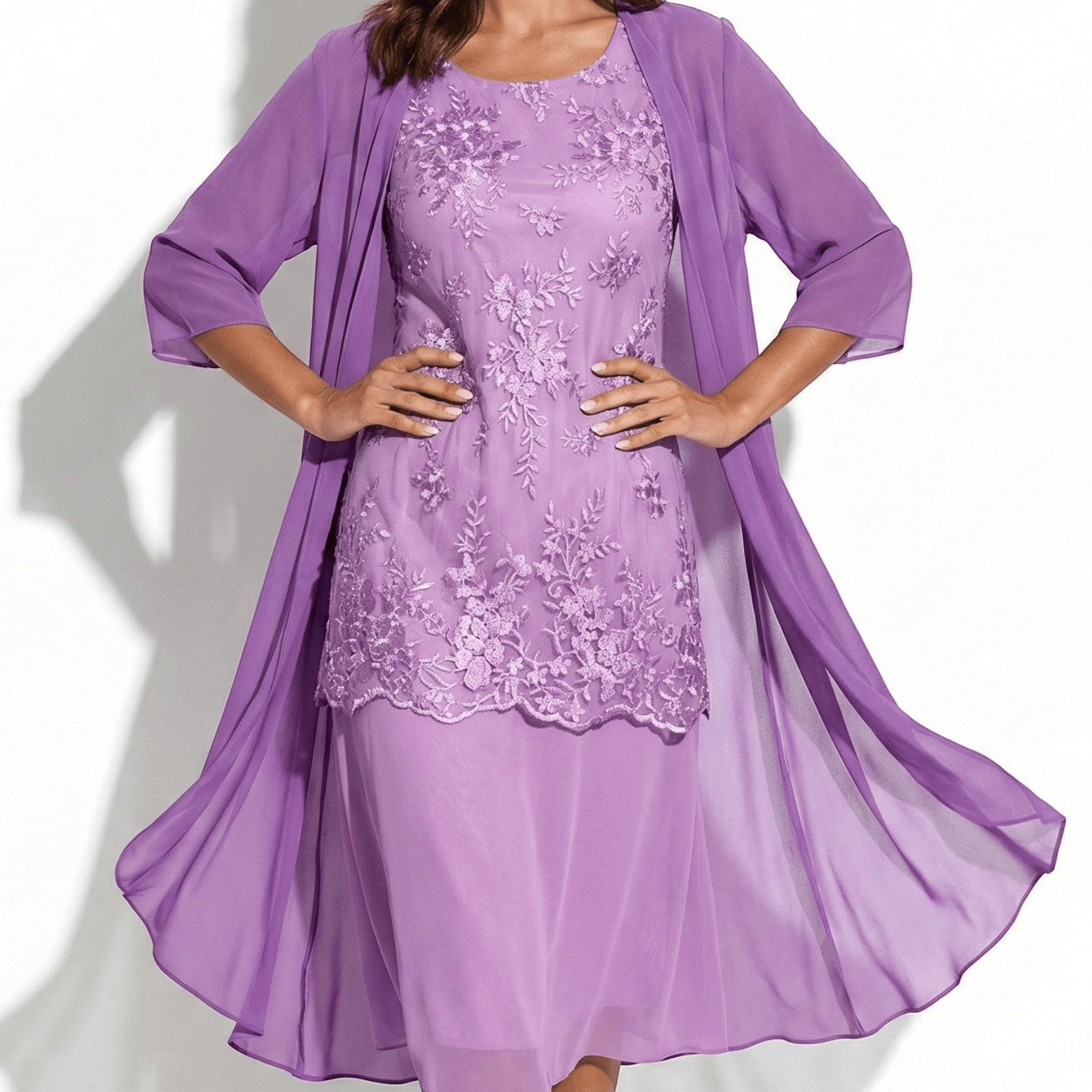 Ava - Women's Floral Lace Layered Maxi Dress with Chiffon Jacket - Women Dress - Purple - Taylor & Bennett