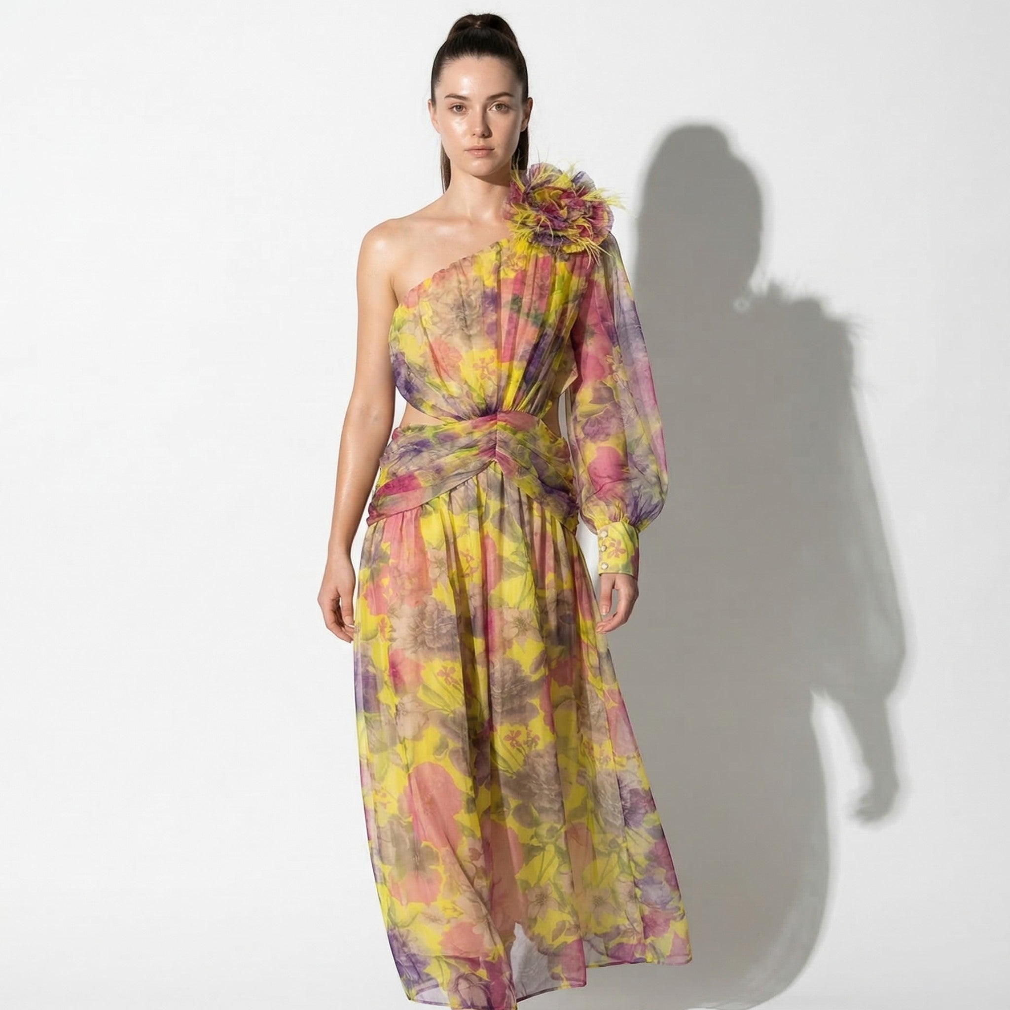 Ava - Women's Floral One Shoulder Maxi Dress - Maxi Dresses - Yellow - Taylor & Bennett