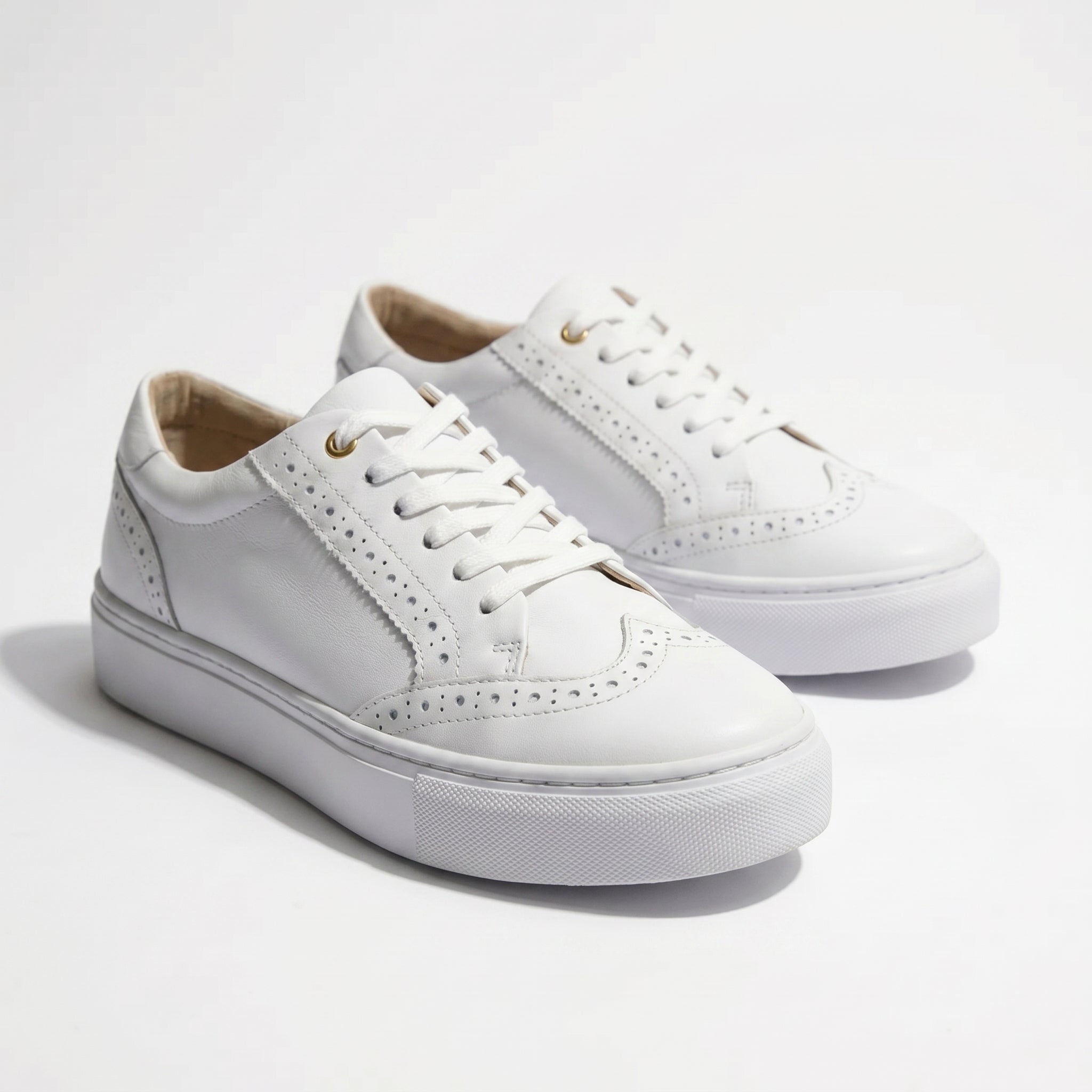 Ava - Women's Lace - Up Trainers with Brogue Detail - Shoes - White - Taylor & Bennett