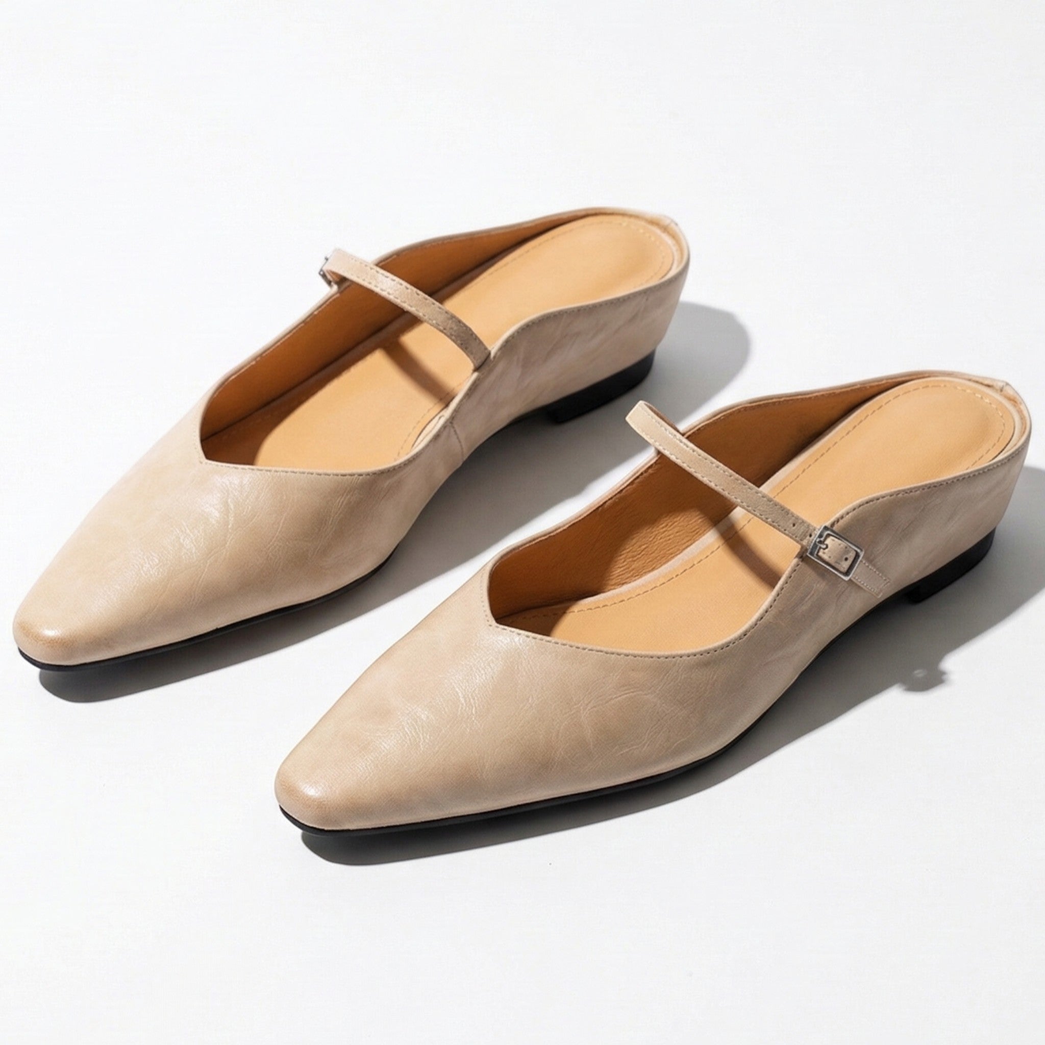 Ava - Women's Pointed - Toe Mary Jane Mules with Buckle Strap - Sandal - Beige - Taylor & Bennett