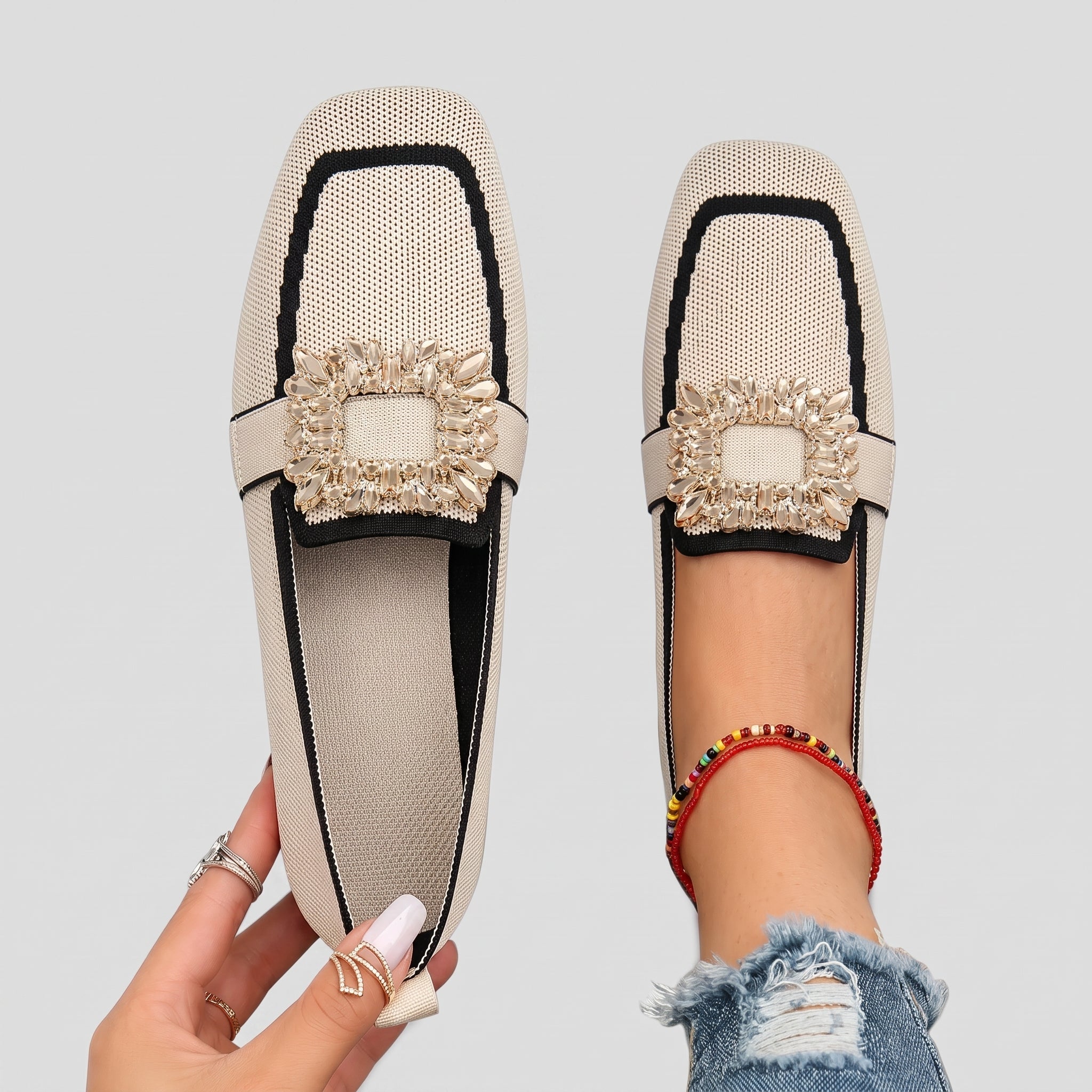 Barrett - Women's Embellished Square Toe Flat Loafers - Loafers - Beige - Taylor & Bennett