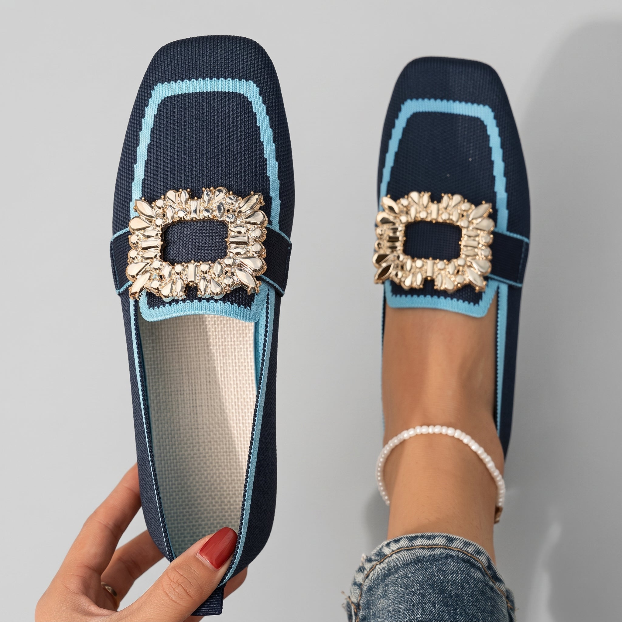 Barrett - Women's Embellished Square Toe Flat Loafers - Loafers - Blue - Taylor & Bennett