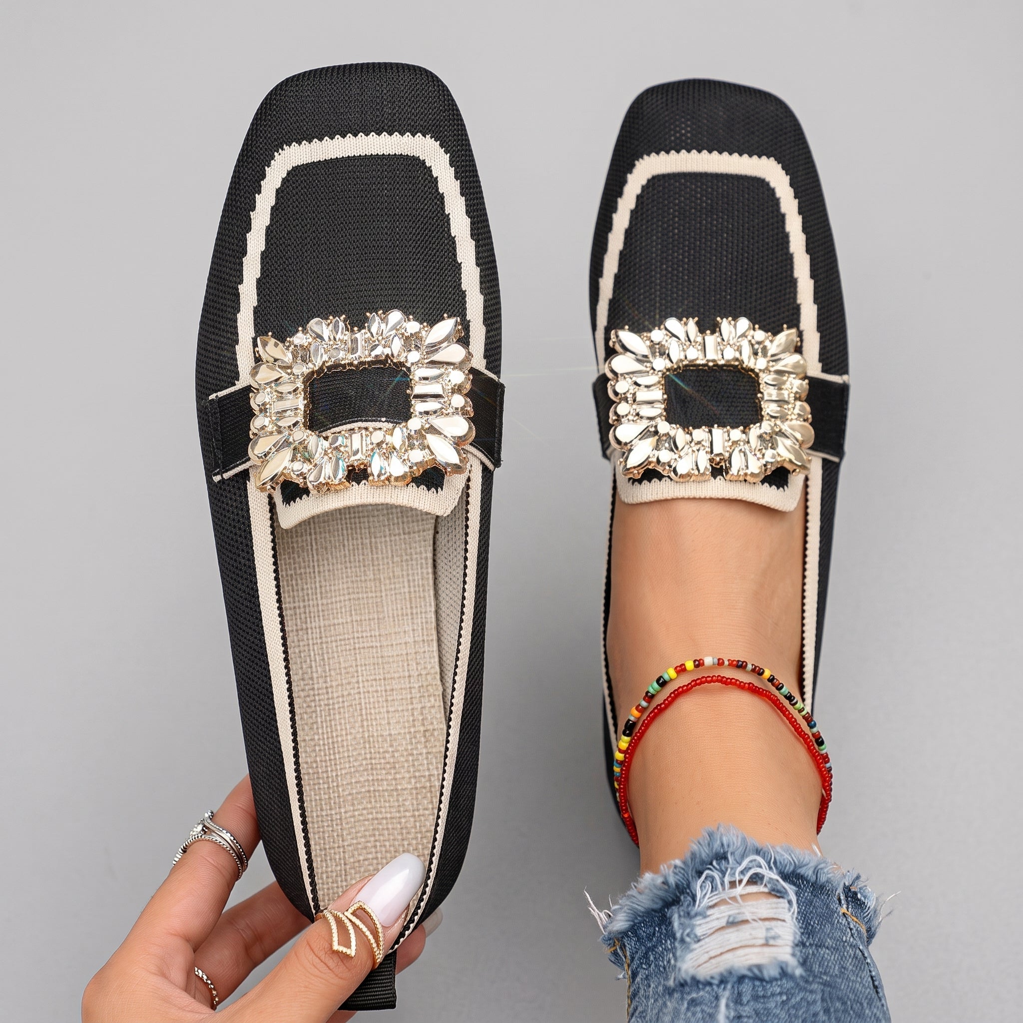 Barrett - Women's Embellished Square Toe Flat Loafers - Loafers - Black - Taylor & Bennett
