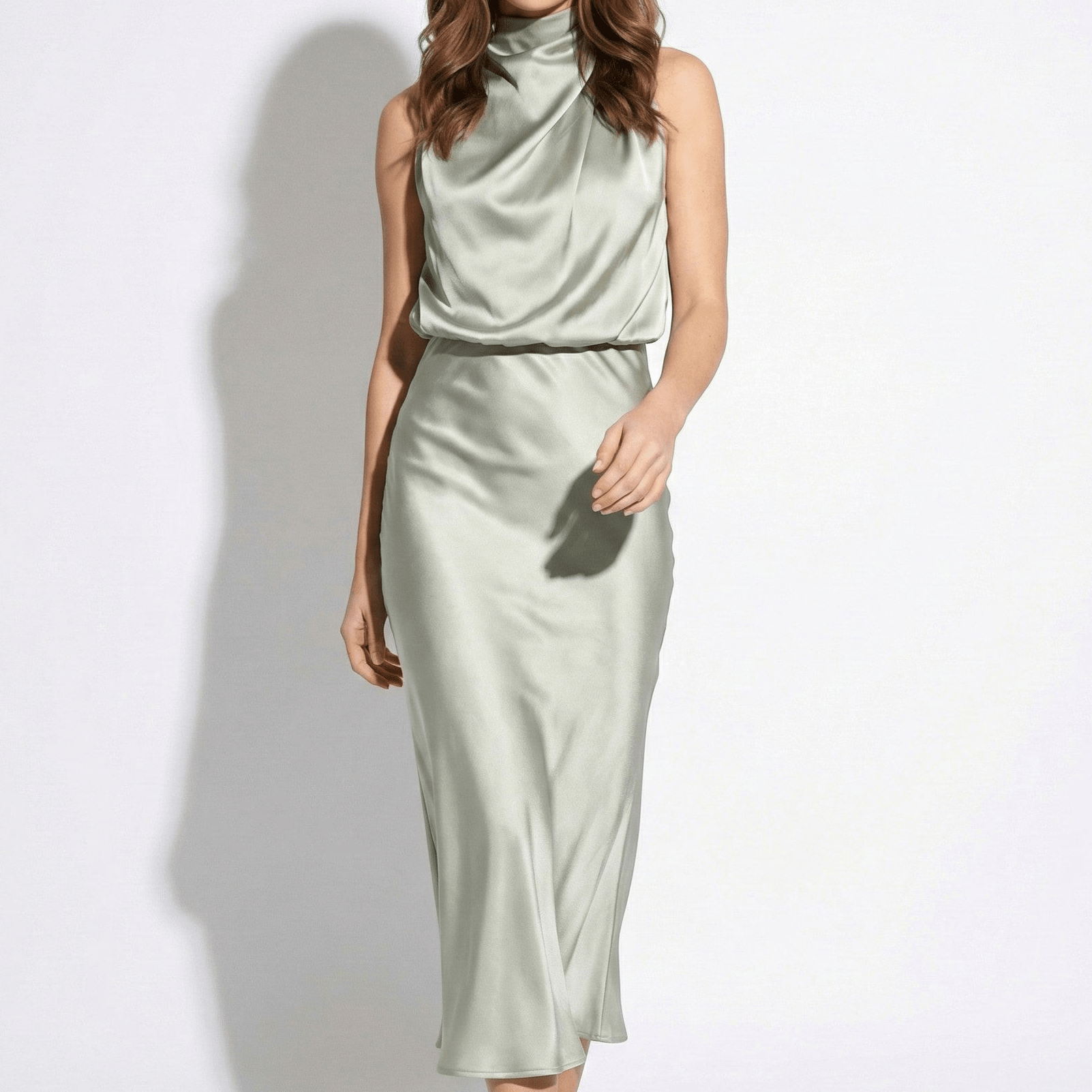 Belle - Women's High Neck Satin Maxi Dress with Shimmer Finish - Dress - Silver - Taylor & Bennett