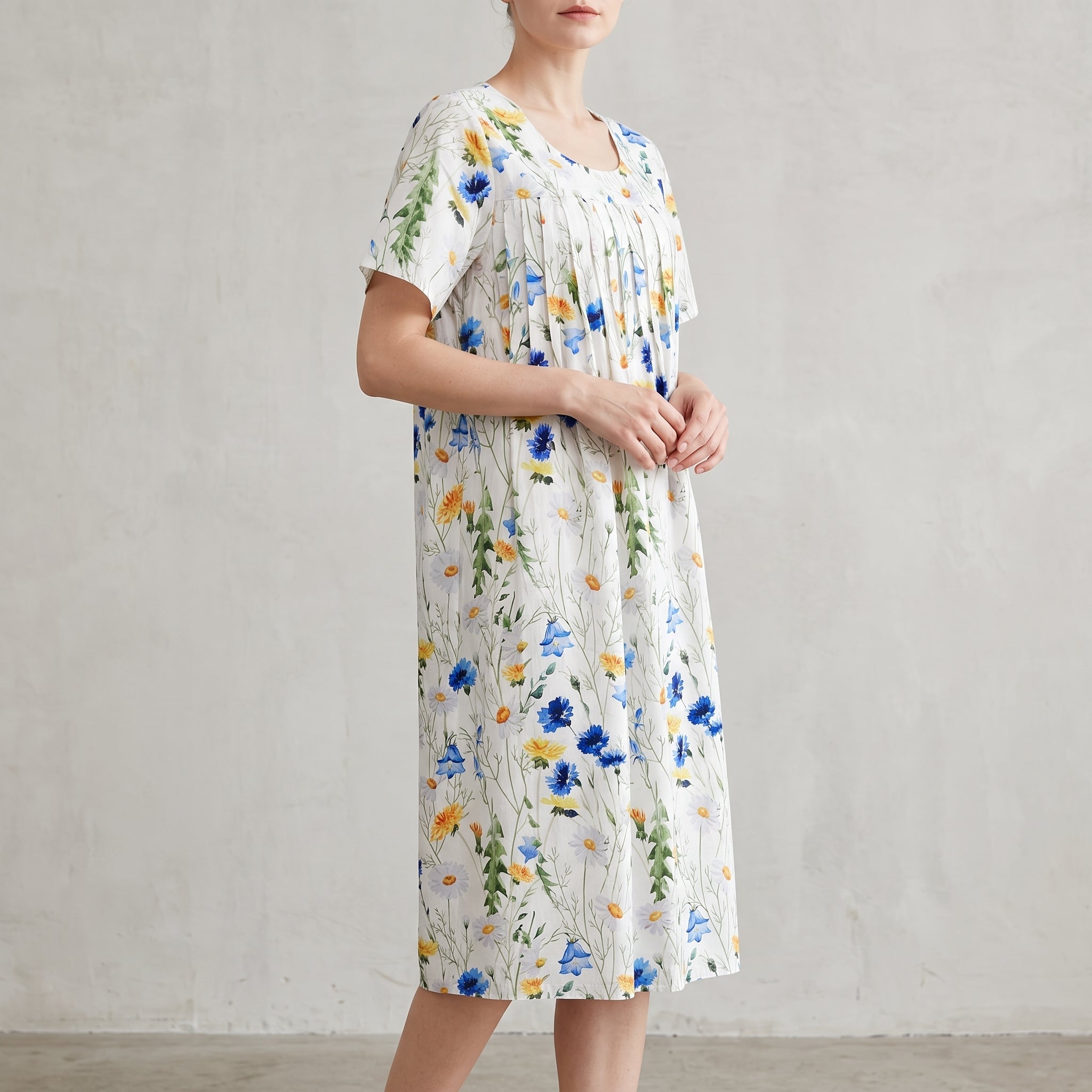 Bertha - Women's Summer Floral Scoop Neck Pleated Midi Dress - Dresses - White - Taylor & Bennett