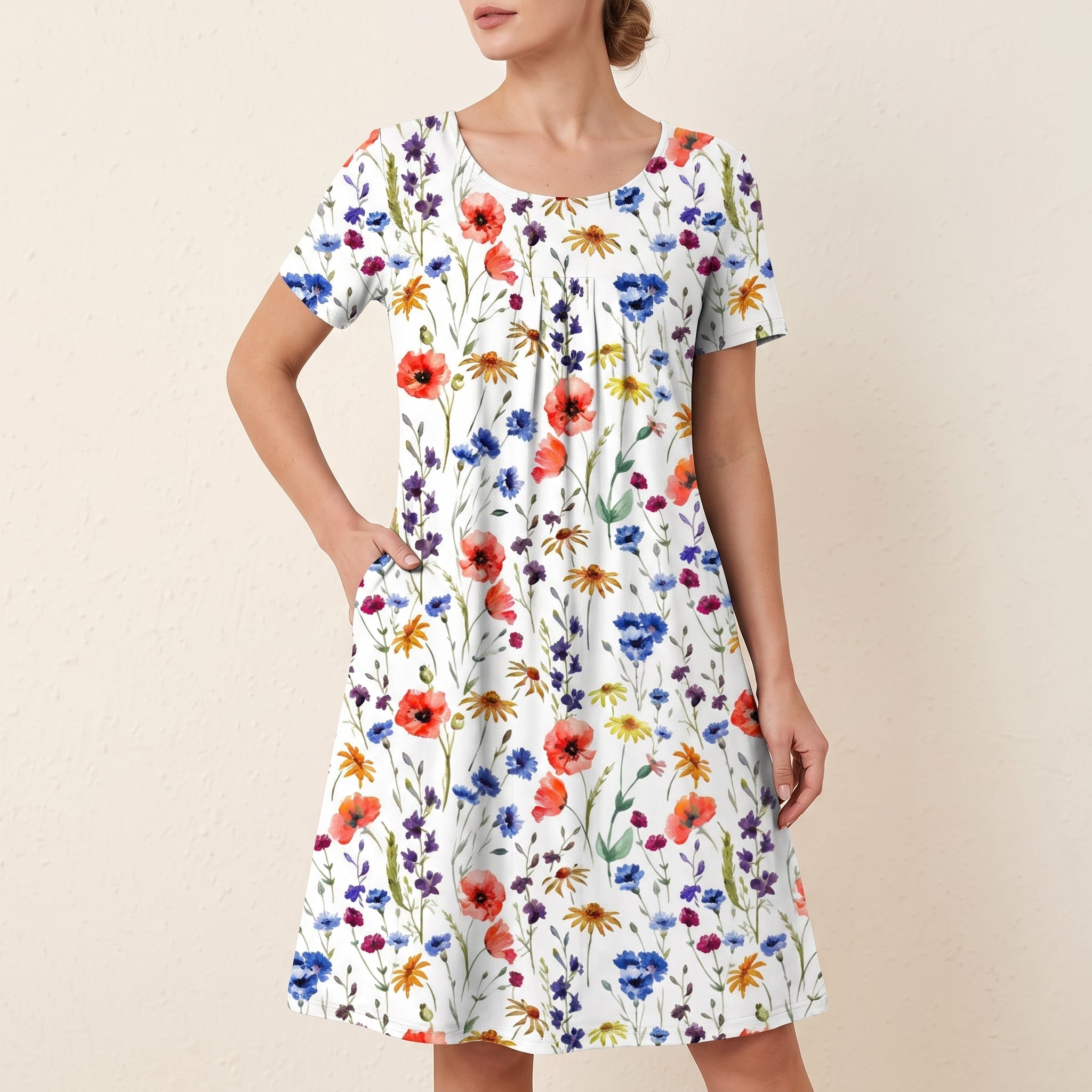 Bertha - Women's Summer Floral Scoop Neck Pleated Midi Dress - Dresses - Orange - Taylor & Bennett