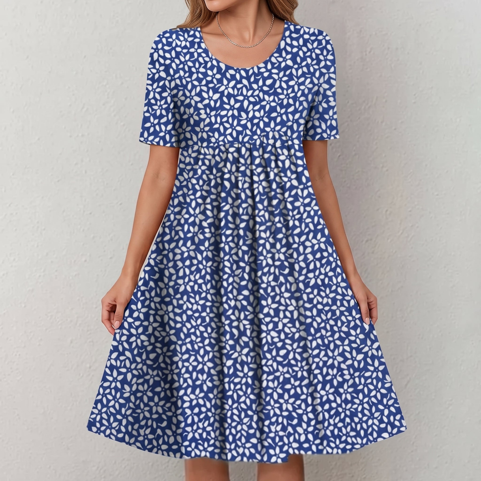 Bertha - Women's Summer Floral Scoop Neck Pleated Midi Dress - Dresses - Dark Blue - Taylor & Bennett