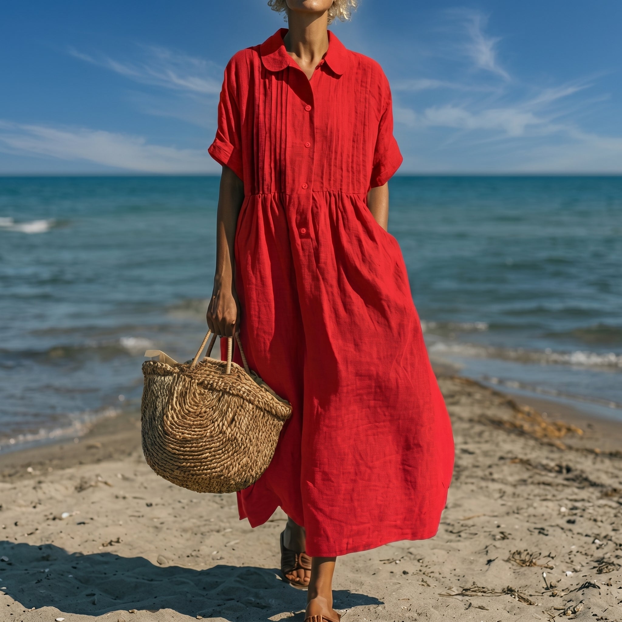 Brigitte - Women's Summer Pintuck Midi Shirt Dress - Dresses - Red - Taylor & Bennett